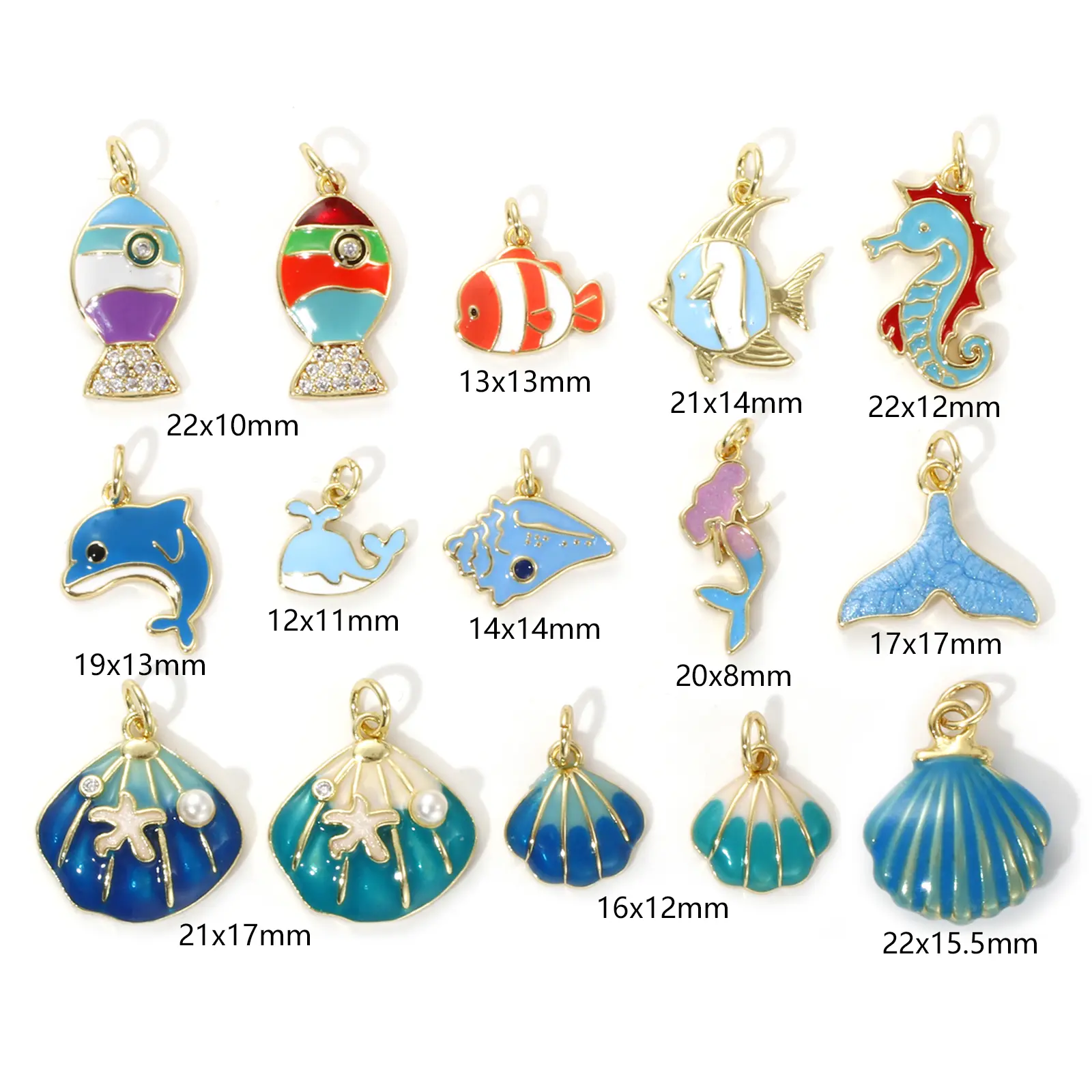 2 Piece Brass Ocean Jewelry Blue Charms 18K Real Gold Plated Enamel Fish Seahorse Dolphin Whale Conch Shell Pendant Necklace DIY