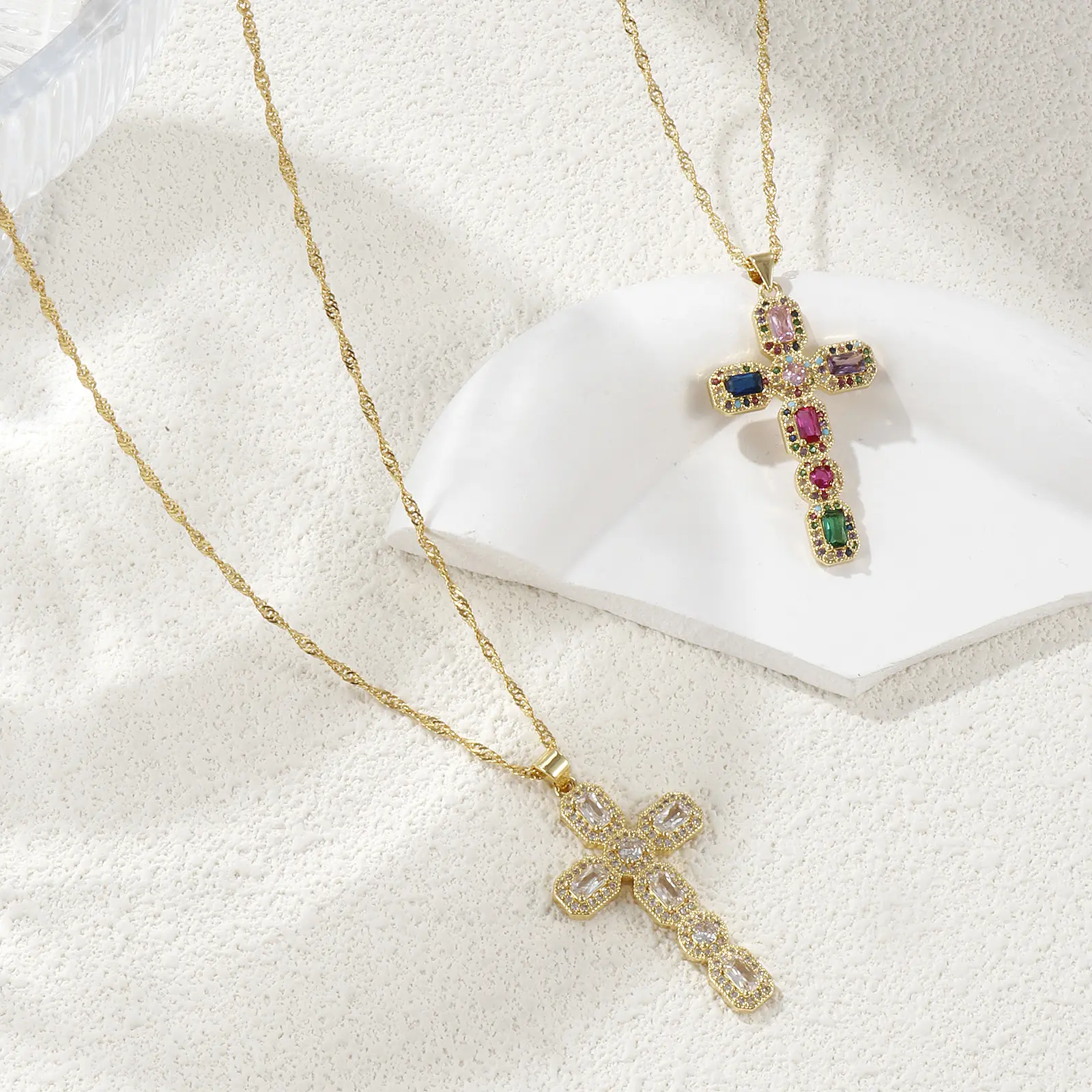 Religious Wave Twisted Chain Cross Necklace 18K Real Gold Plated Brass Micro Pave Pendant Necklace Unisex Gift 45cm+5cm long