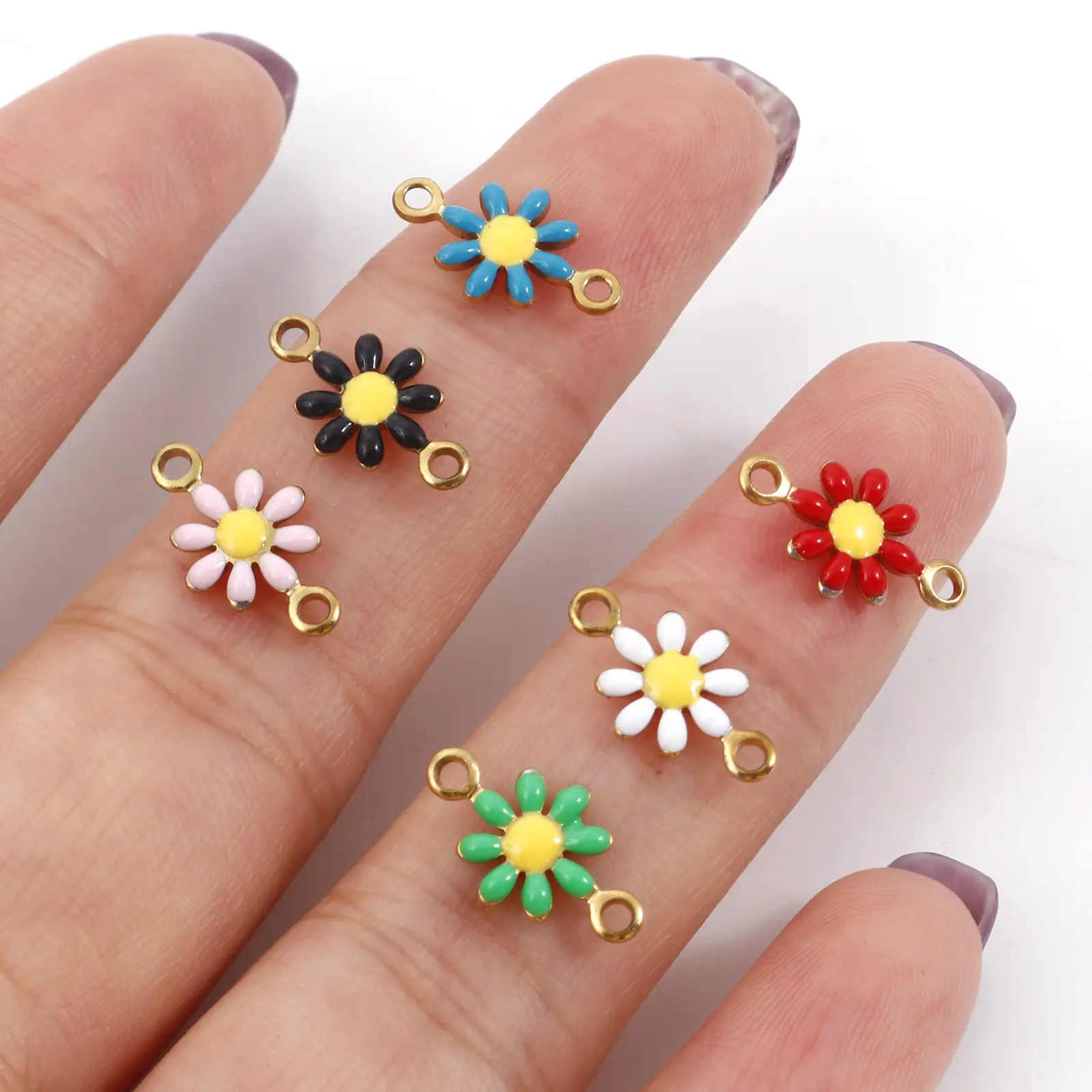 304 Stainless Steel Connectors Gold Color Daisy Flower Enamel For DIY Earring Necklace Jewelry Making 13mm x 7.5mm, 10 Piece