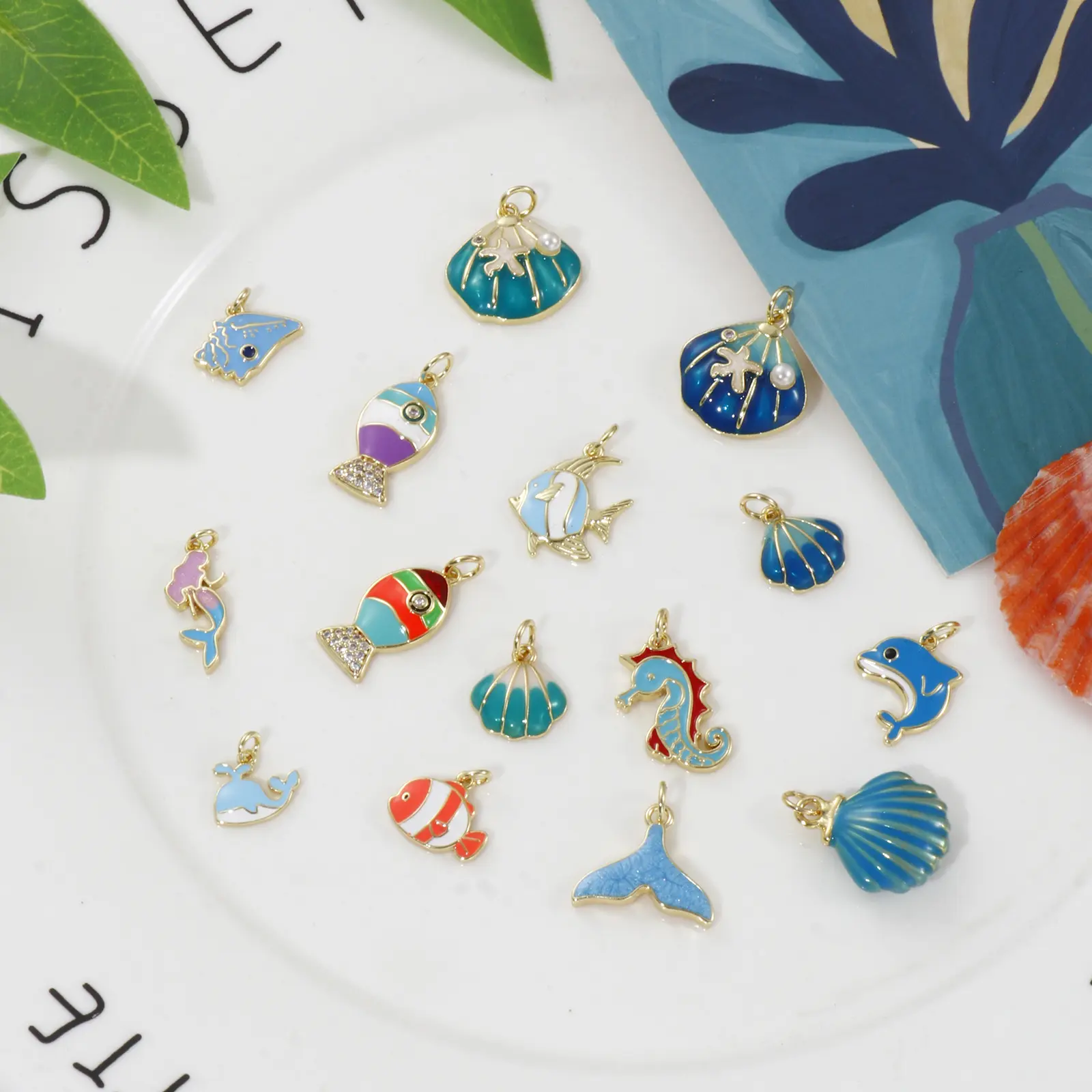 2 Piece Brass Ocean Jewelry Blue Charms 18K Real Gold Plated Enamel Fish Seahorse Dolphin Whale Conch Shell Pendant Necklace DIY