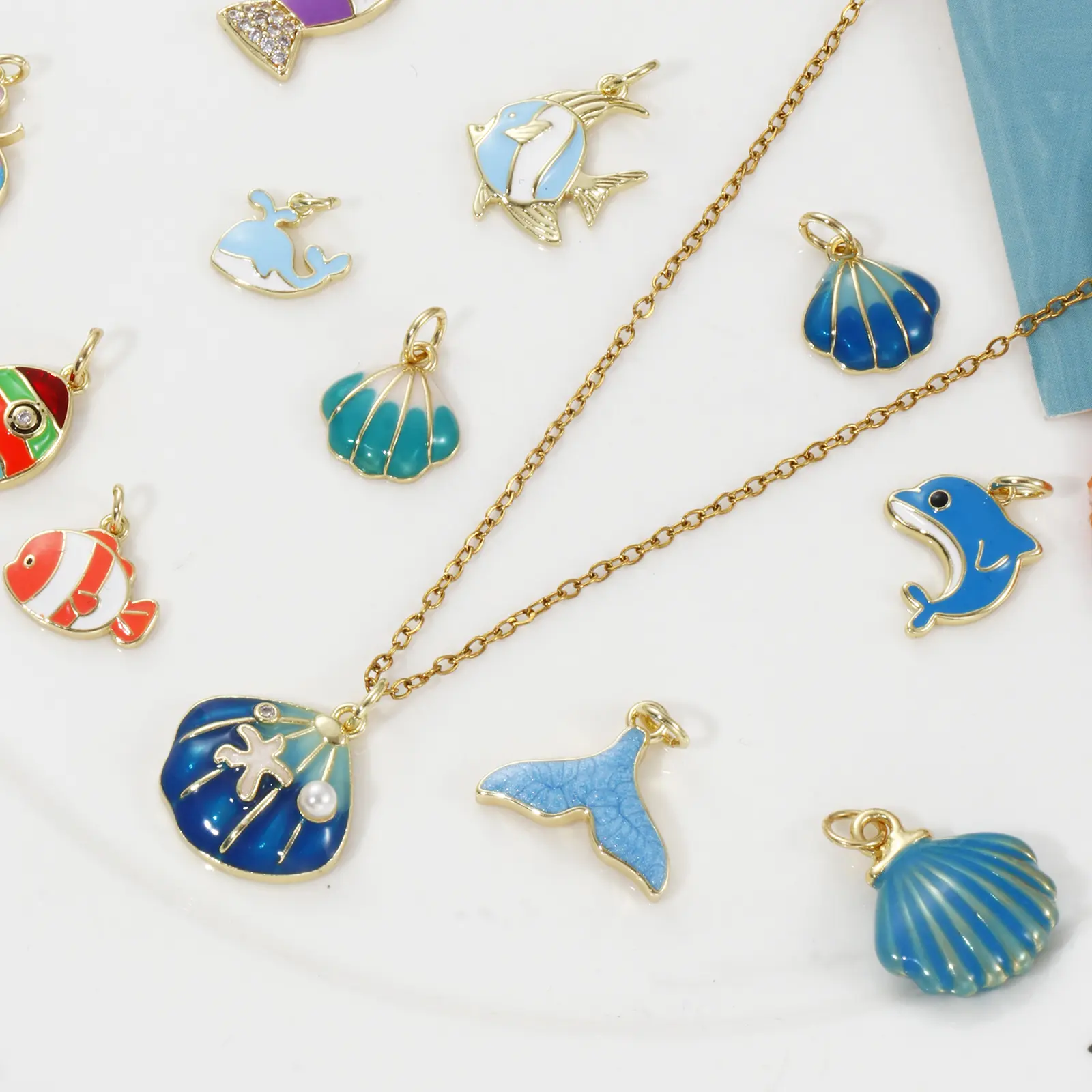 2 Piece Brass Ocean Jewelry Blue Charms 18K Real Gold Plated Enamel Fish Seahorse Dolphin Whale Conch Shell Pendant Necklace DIY
