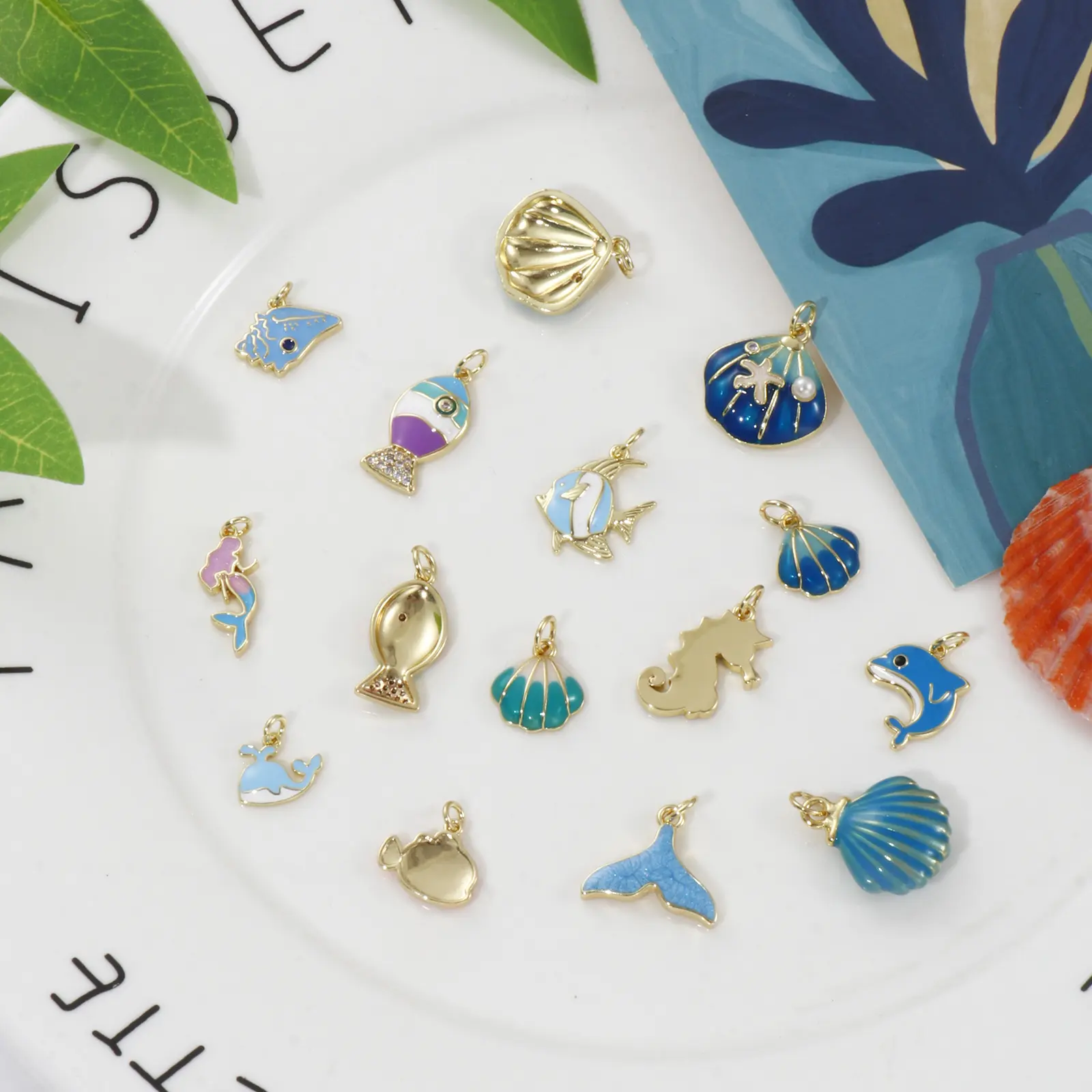 2 Piece Brass Ocean Jewelry Blue Charms 18K Real Gold Plated Enamel Fish Seahorse Dolphin Whale Conch Shell Pendant Necklace DIY