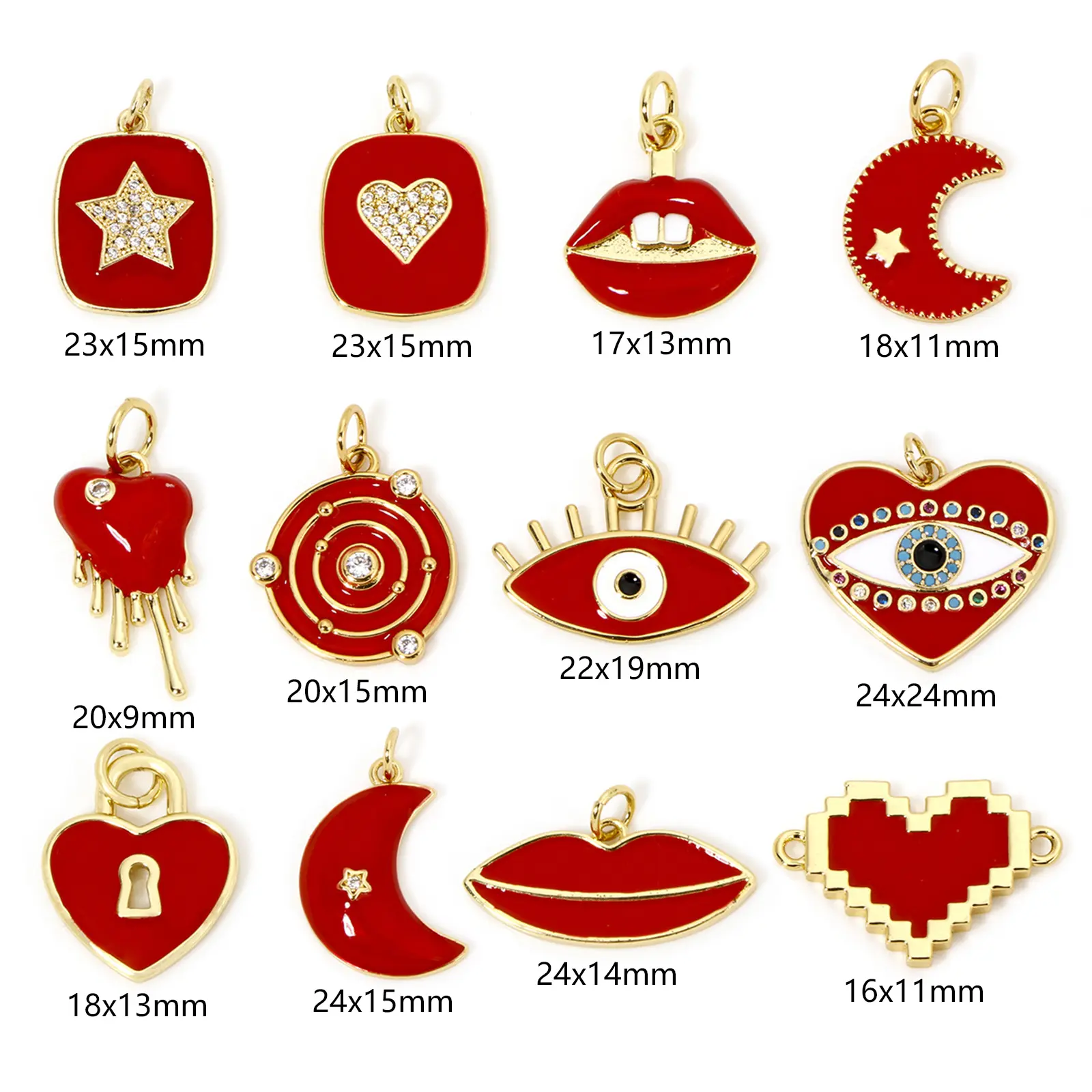 1 Piece Brass 18K Gold Plated Half Moon Lip Enamel Red Hearts Pendnats For Necklace Earring Jewelry Making Findings