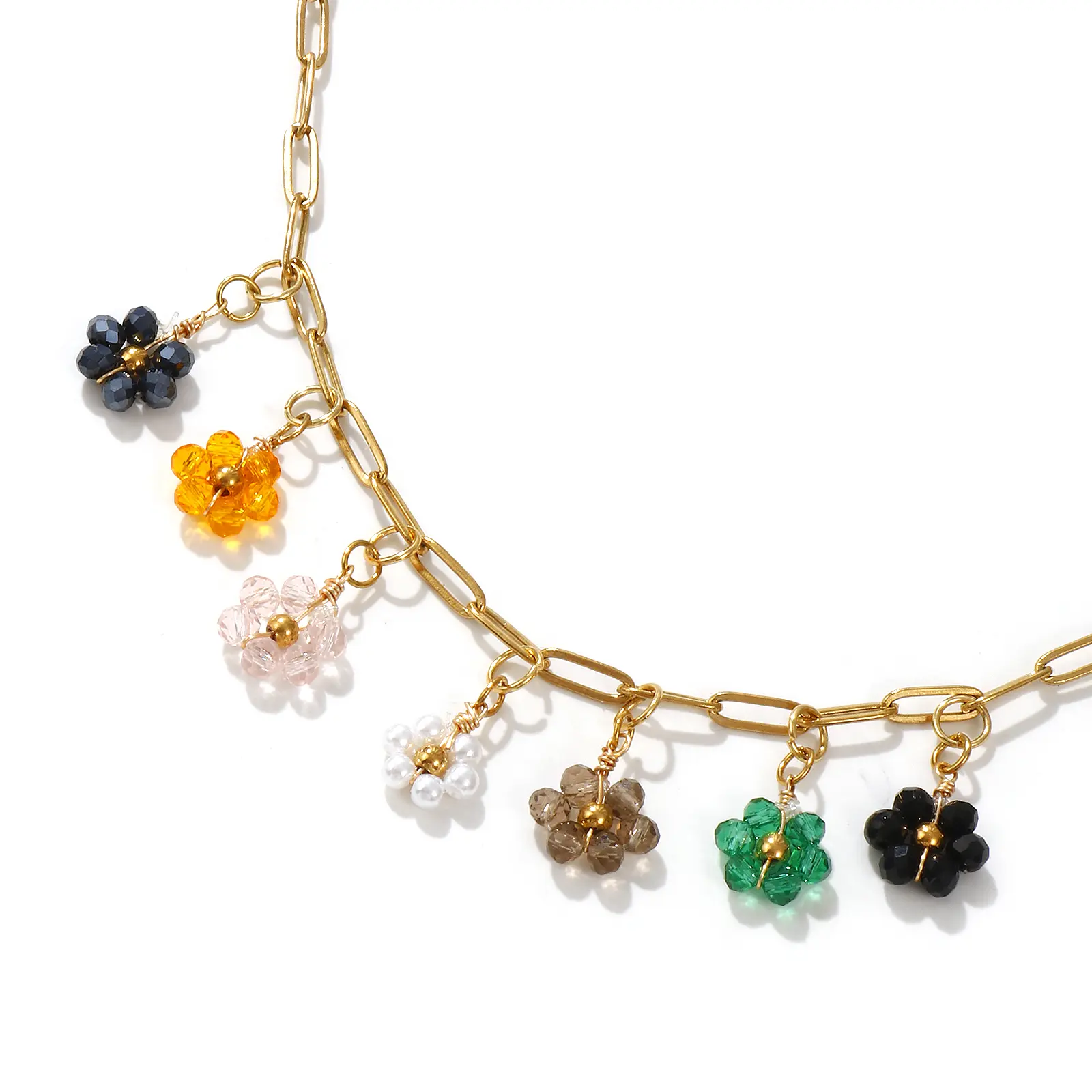 304 Stainless Steel & Crystal Necklace 18K Gold Plated Paperclip Link Chain Flower Pendant Necklace For Women Pastoral Gift