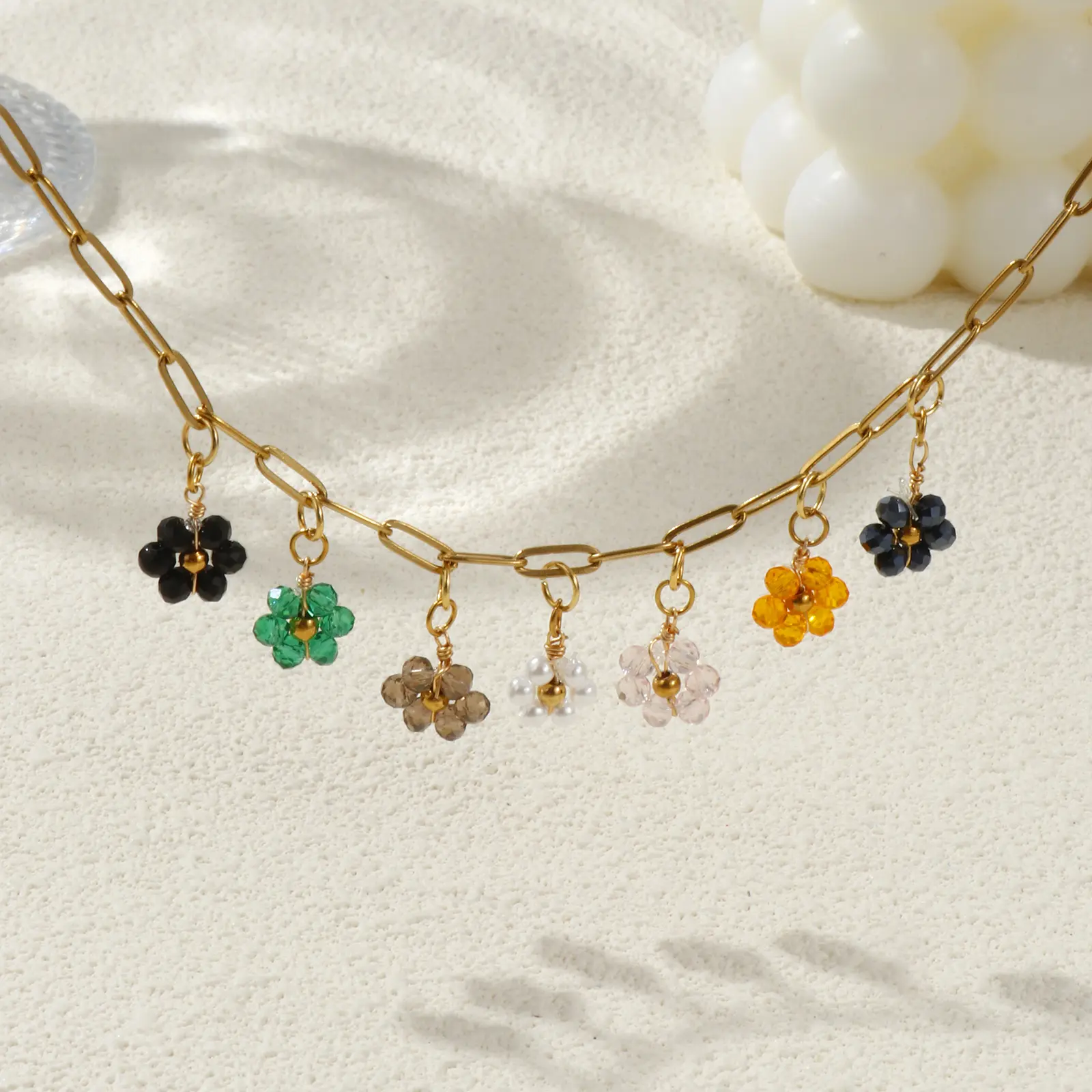 304 Stainless Steel & Crystal Necklace 18K Gold Plated Paperclip Link Chain Flower Pendant Necklace For Women Pastoral Gift
