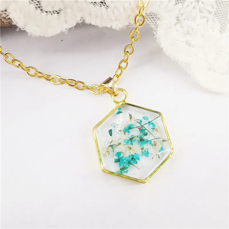 1Piec Natural Plant Resin Dried Flower Pendants Necklace Handmade Jewelry Real Flower Geometric Necklace For Women 45cm long