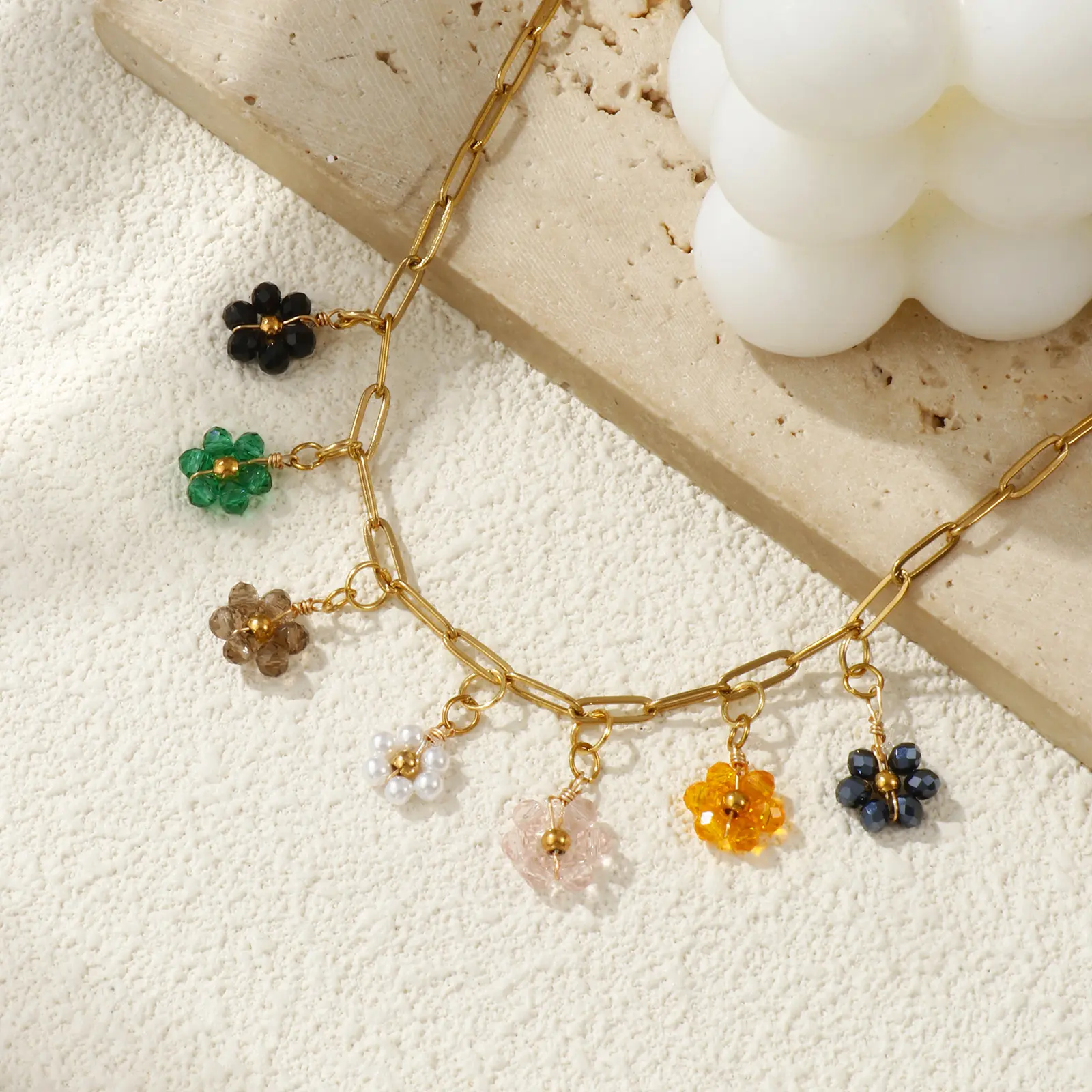 304 Stainless Steel & Crystal Necklace 18K Gold Plated Paperclip Link Chain Flower Pendant Necklace For Women Pastoral Gift