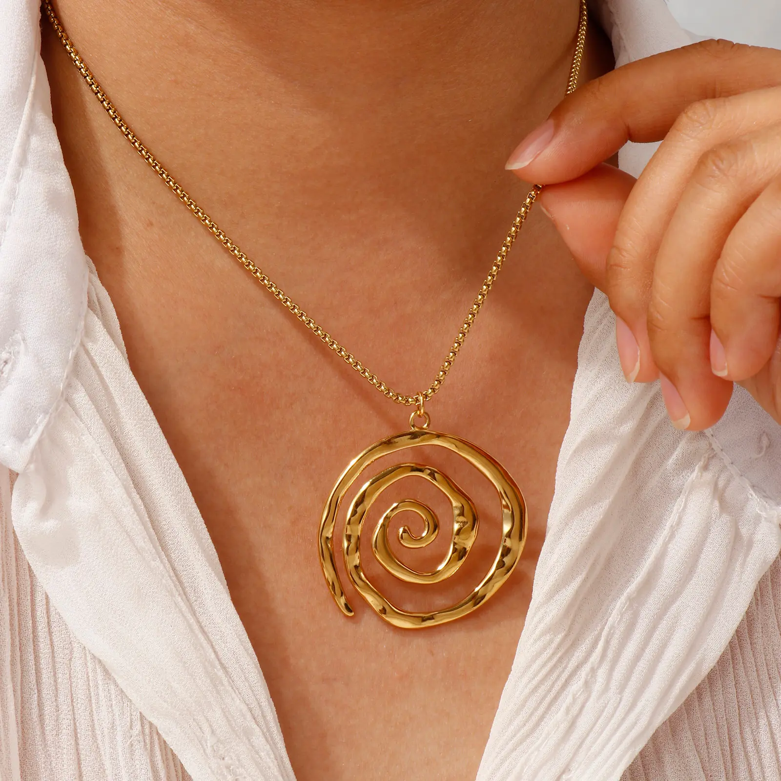 304 Stainless Steel Hollow Spiral Pendant Charm Necklace 18K Gold Plated Box Chain 45cm(17.7") + 5cm(2") For Women Men Gift