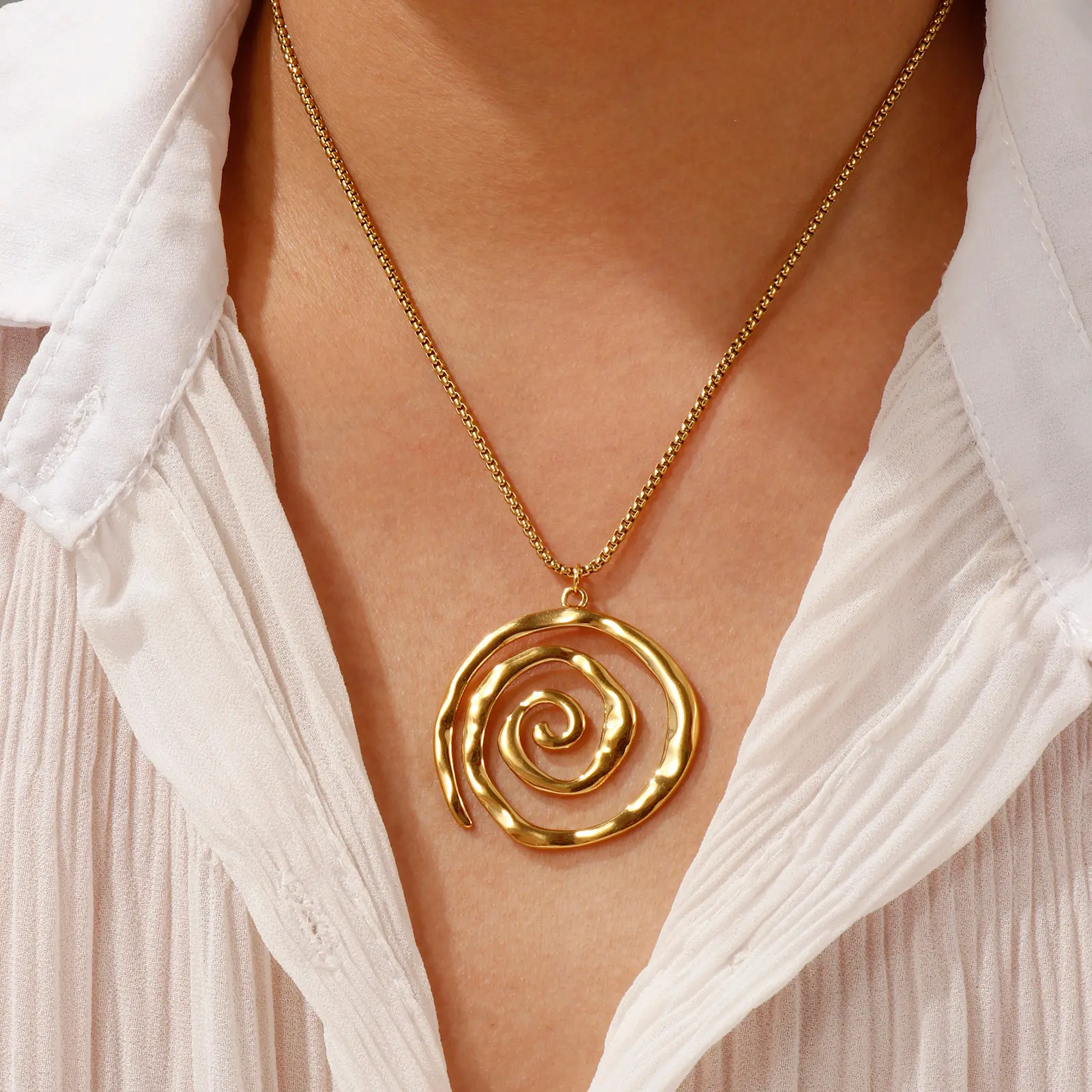 304 Stainless Steel Hollow Spiral Pendant Charm Necklace 18K Gold Plated Box Chain 45cm(17.7") + 5cm(2") For Women Men Gift