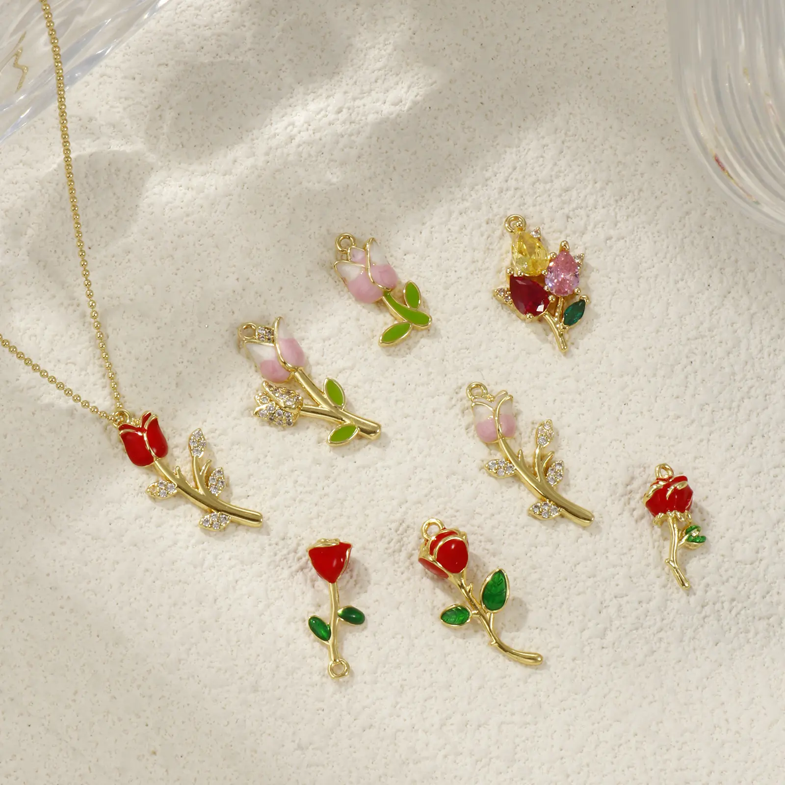 1 Piece Brass & Cubic Zirconia Charms 18K Gold Plated Enamel Flower Tulip Rose Pendant For DIY Necklace Jewelry Making Finding