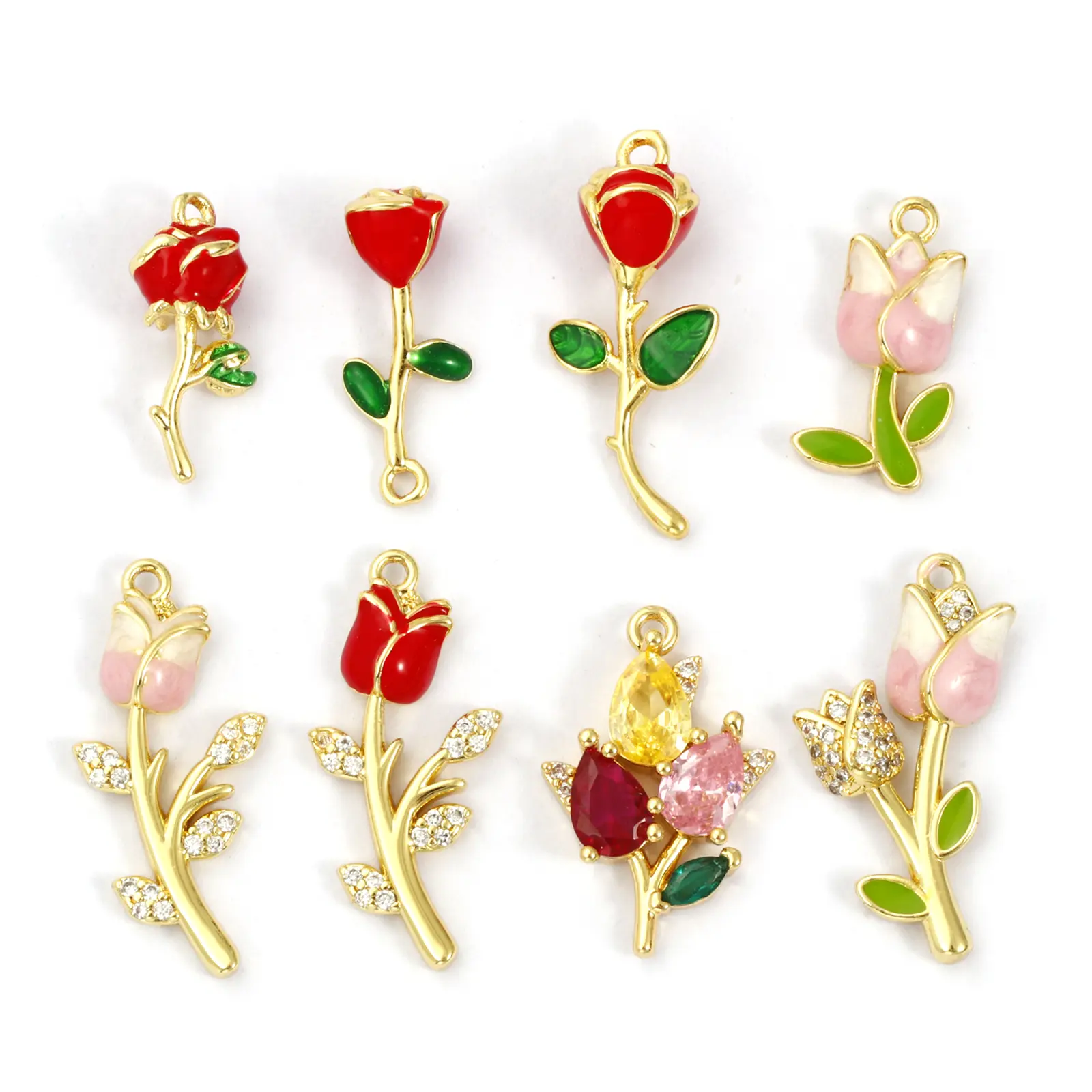 1 Piece Brass & Cubic Zirconia Charms 18K Gold Plated Enamel Flower Tulip Rose Pendant For DIY Necklace Jewelry Making Finding