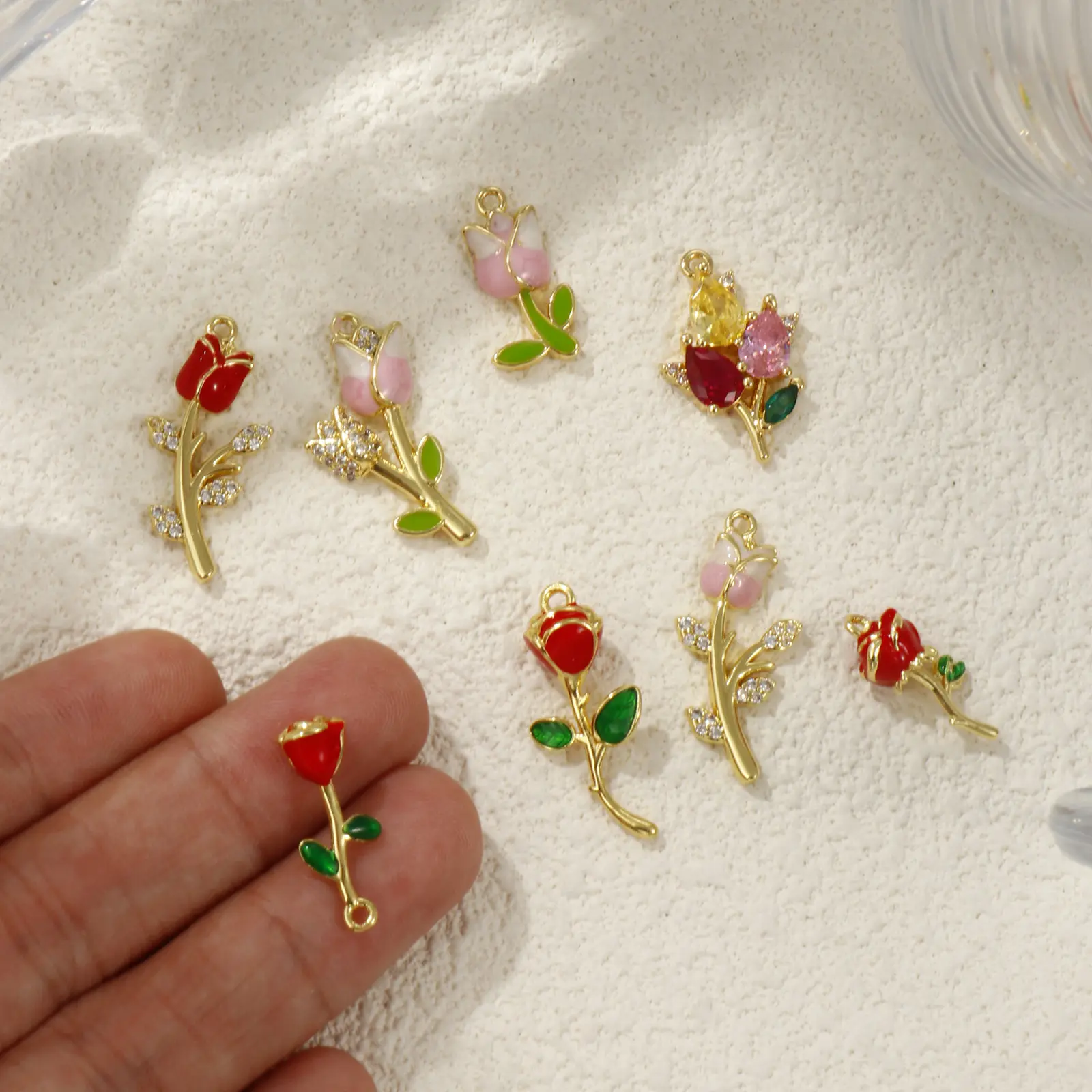 1 Piece Brass & Cubic Zirconia Charms 18K Gold Plated Enamel Flower Tulip Rose Pendant For DIY Necklace Jewelry Making Finding