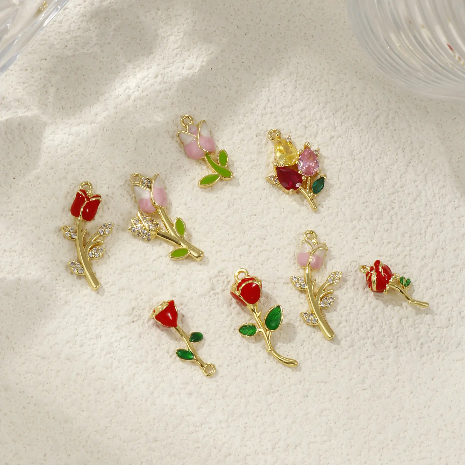 1 Piece Brass & Cubic Zirconia Charms 18K Gold Plated Enamel Flower Tulip Rose Pendant For DIY Necklace Jewelry Making Finding