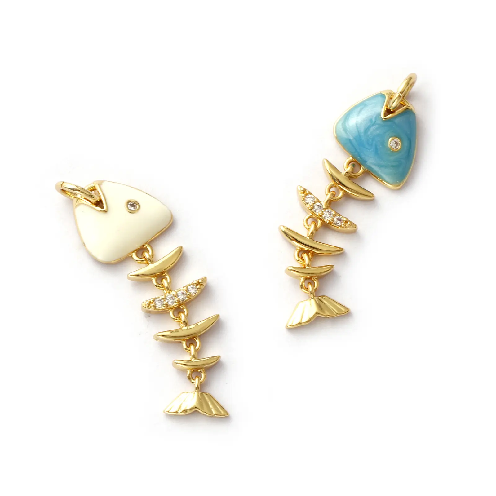 1 Piece Brass Ocean 3D Enamel Fish Bone Shape Animal Movable Charm Pendant 18K Gold Plated For Necklace DIY Making 3.1x1cm