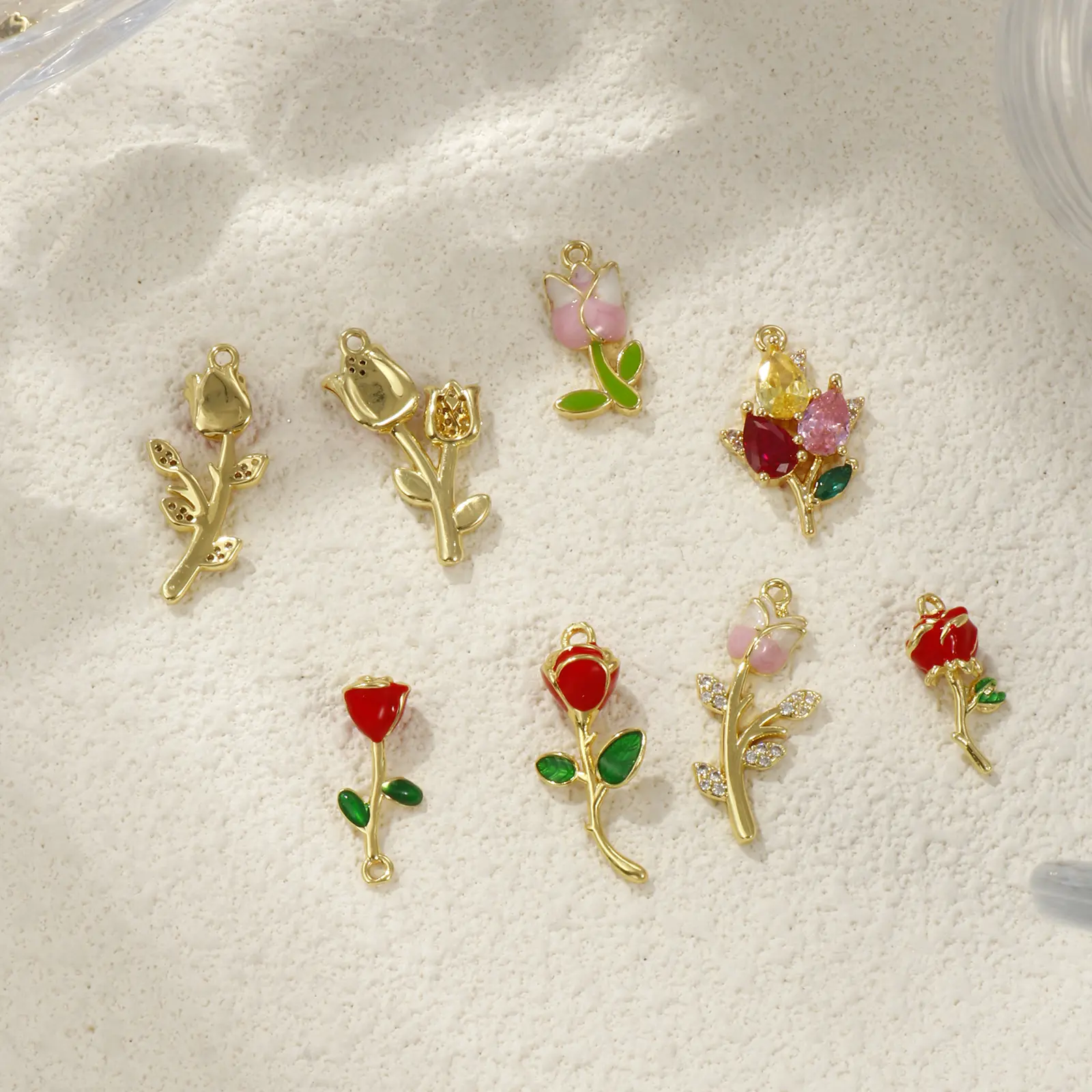 1 Piece Brass & Cubic Zirconia Charms 18K Gold Plated Enamel Flower Tulip Rose Pendant For DIY Necklace Jewelry Making Finding