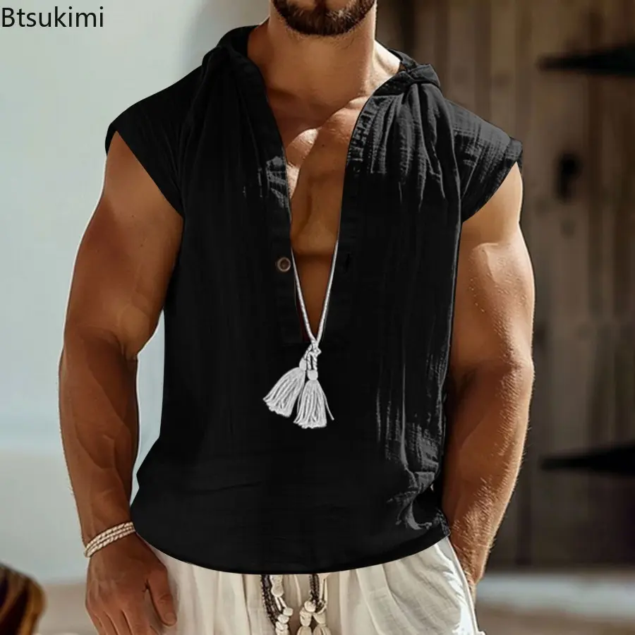 New Casual Mens Linen Tank Top Loose Hooded Vest Shirt Summer Daily Leisure Breathable Men Vintage Sleeveless Deep V Neck Shirts