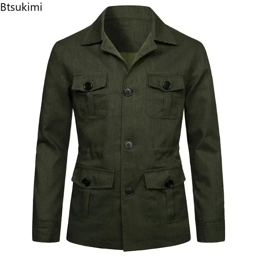 2025 British Style Men's Linen Safari Jackets Fashion Vintage Multi Pockets Cargo Jacket Streetwear Gentry Casual Outerwear Male