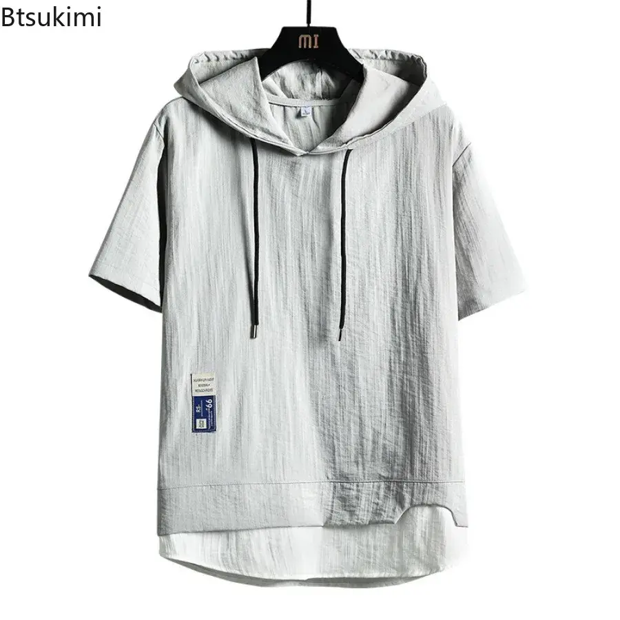 2025 Men's Short Sleeve Hoodies T-shirt Fashion Patchwork Summer Ice Silk Casual Loose Tops Japanese Style Sweatshirt Young Teen
