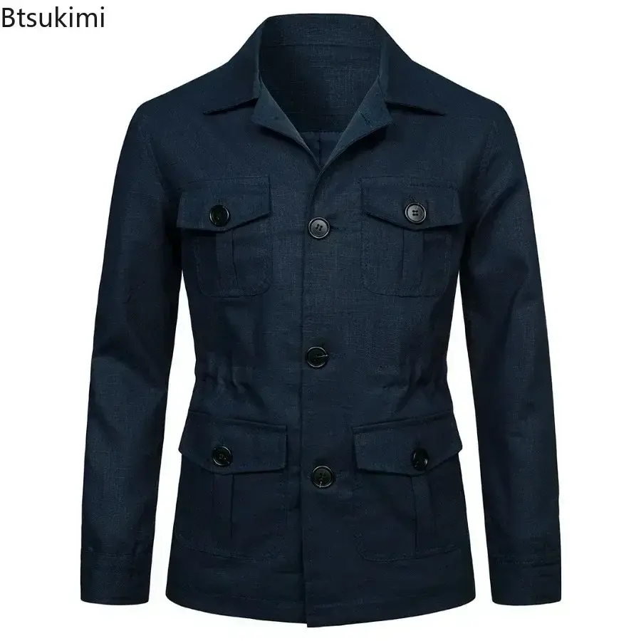 2025 British Style Men's Linen Safari Jackets Fashion Vintage Multi Pockets Cargo Jacket Streetwear Gentry Casual Outerwear Male