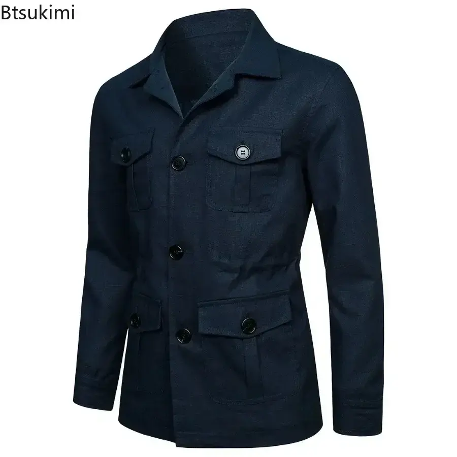 2025 British Style Men's Linen Safari Jackets Fashion Vintage Multi Pockets Cargo Jacket Streetwear Gentry Casual Outerwear Male