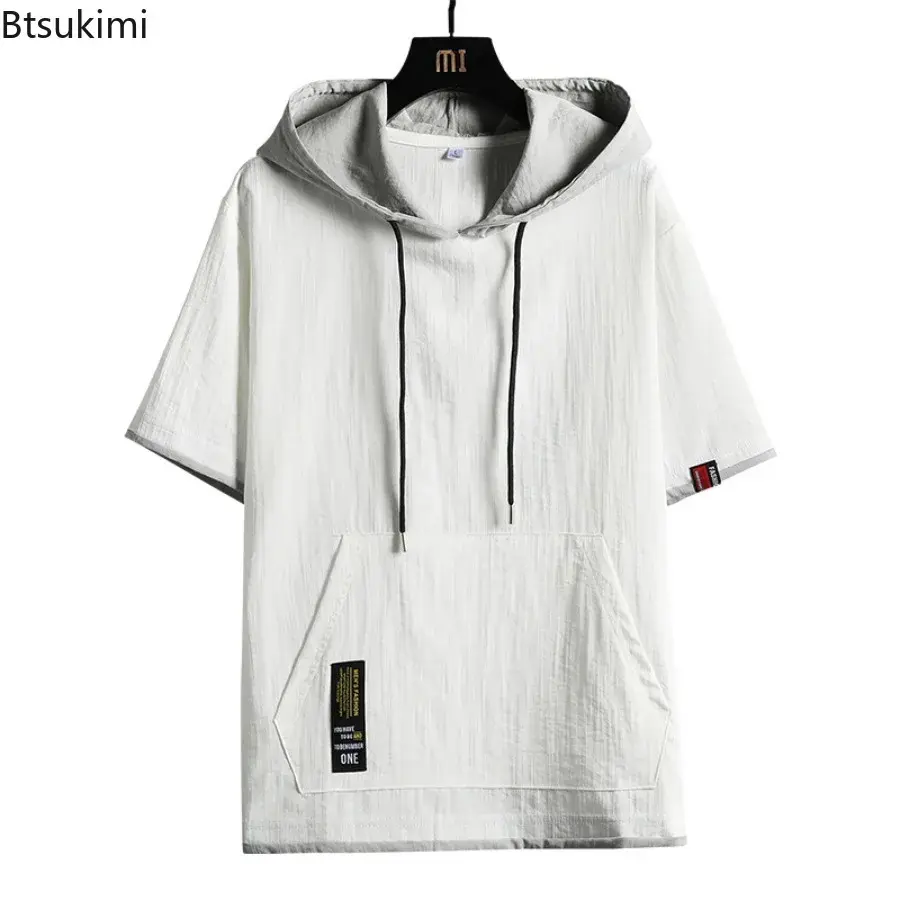 2025 Men's Short Sleeve Hoodies T-shirt Fashion Patchwork Summer Ice Silk Casual Loose Tops Japanese Style Sweatshirt Young Teen