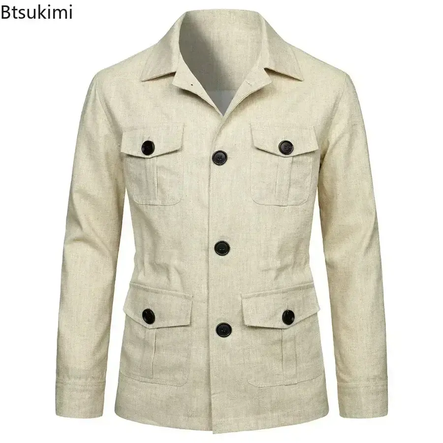2025 British Style Men's Linen Safari Jackets Fashion Vintage Multi Pockets Cargo Jacket Streetwear Gentry Casual Outerwear Male