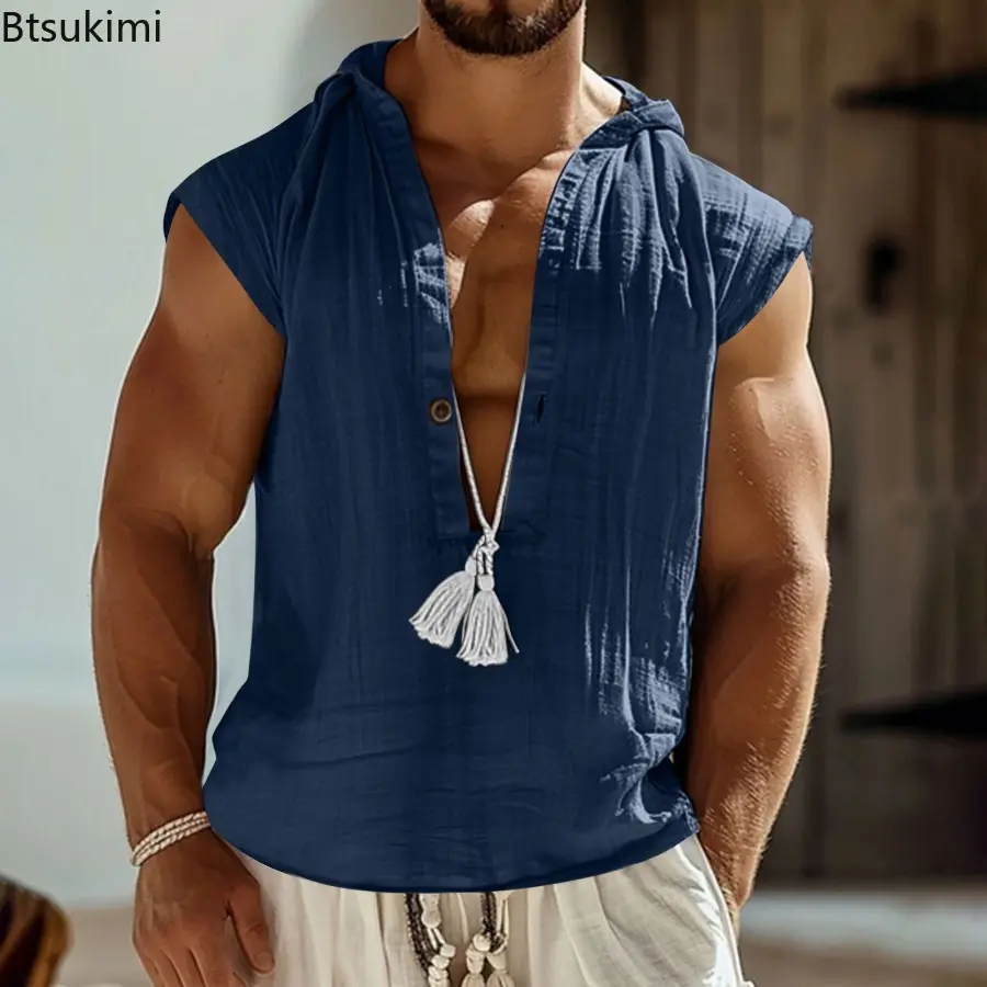 New Casual Mens Linen Tank Top Loose Hooded Vest Shirt Summer Daily Leisure Breathable Men Vintage Sleeveless Deep V Neck Shirts