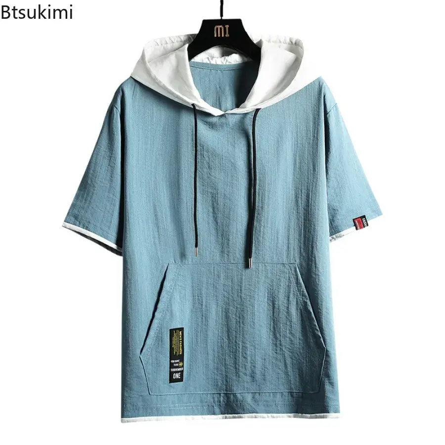 2025 Men's Short Sleeve Hoodies T-shirt Fashion Patchwork Summer Ice Silk Casual Loose Tops Japanese Style Sweatshirt Young Teen