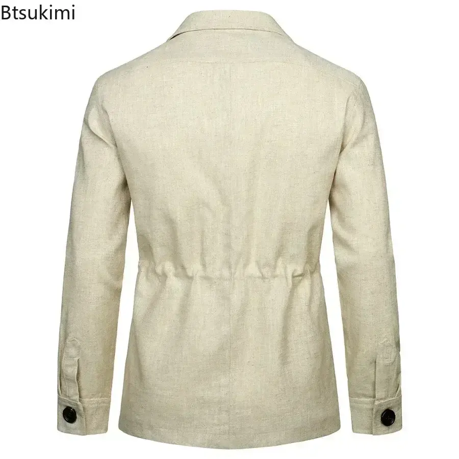 2025 British Style Men's Linen Safari Jackets Fashion Vintage Multi Pockets Cargo Jacket Streetwear Gentry Casual Outerwear Male