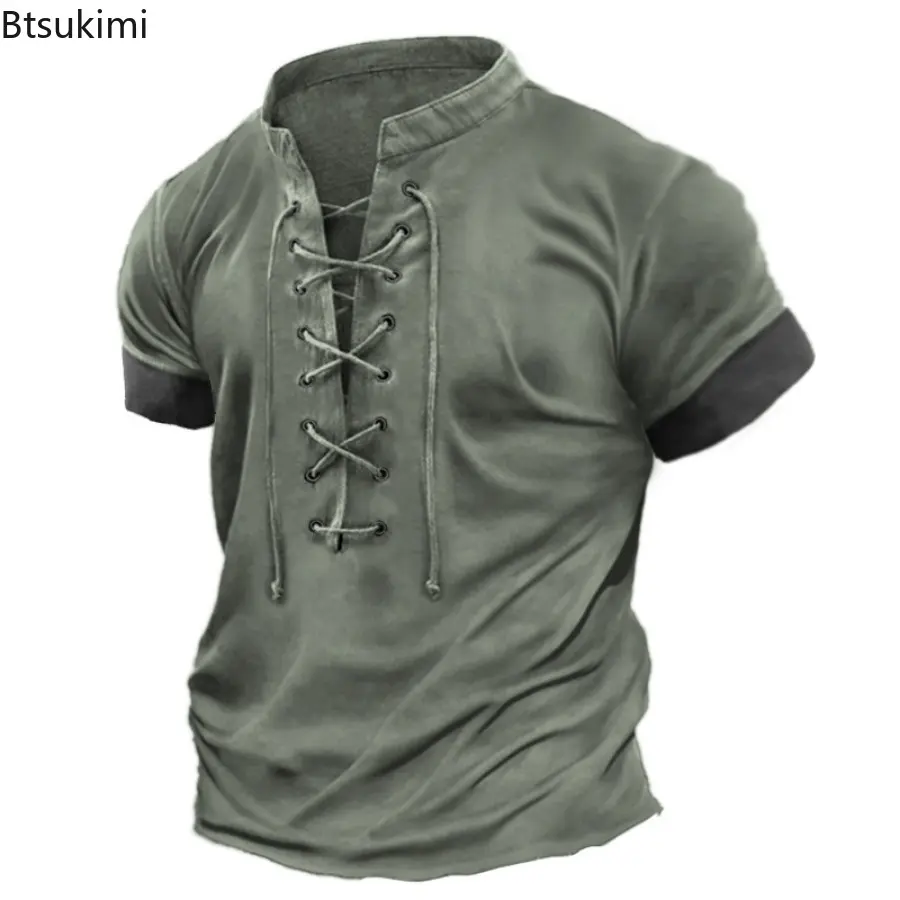 Summer Vintage Splice Short Sleeve T-shirts for Men Fashion Oversized Casual V Neck Front Lace-up Pullover Male Streetwear Tops