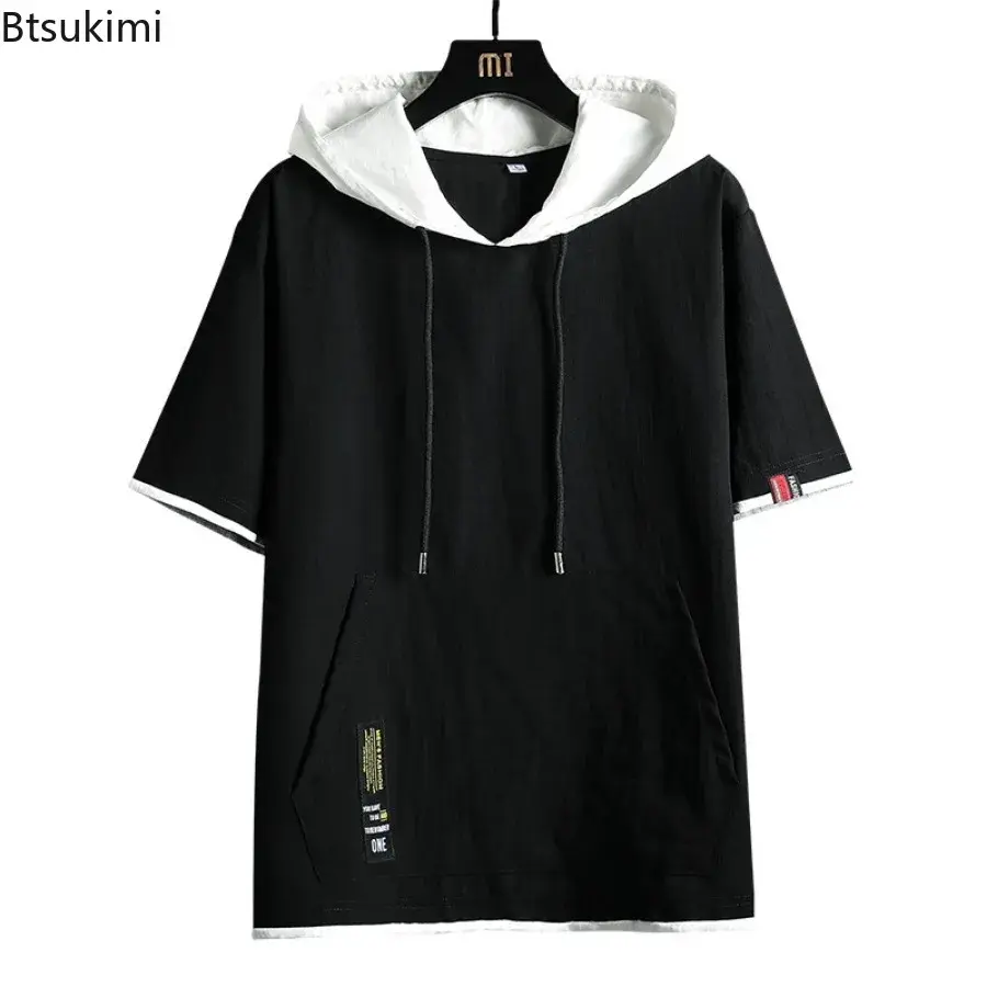 2025 Men's Short Sleeve Hoodies T-shirt Fashion Patchwork Summer Ice Silk Casual Loose Tops Japanese Style Sweatshirt Young Teen