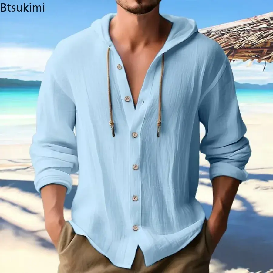 2025 Men Clothing Fashion Solid Cotton Linen Hooded Shirt for Men Loose Casual Button-down Hoodies T-shirt Male Sweatshirts Tops