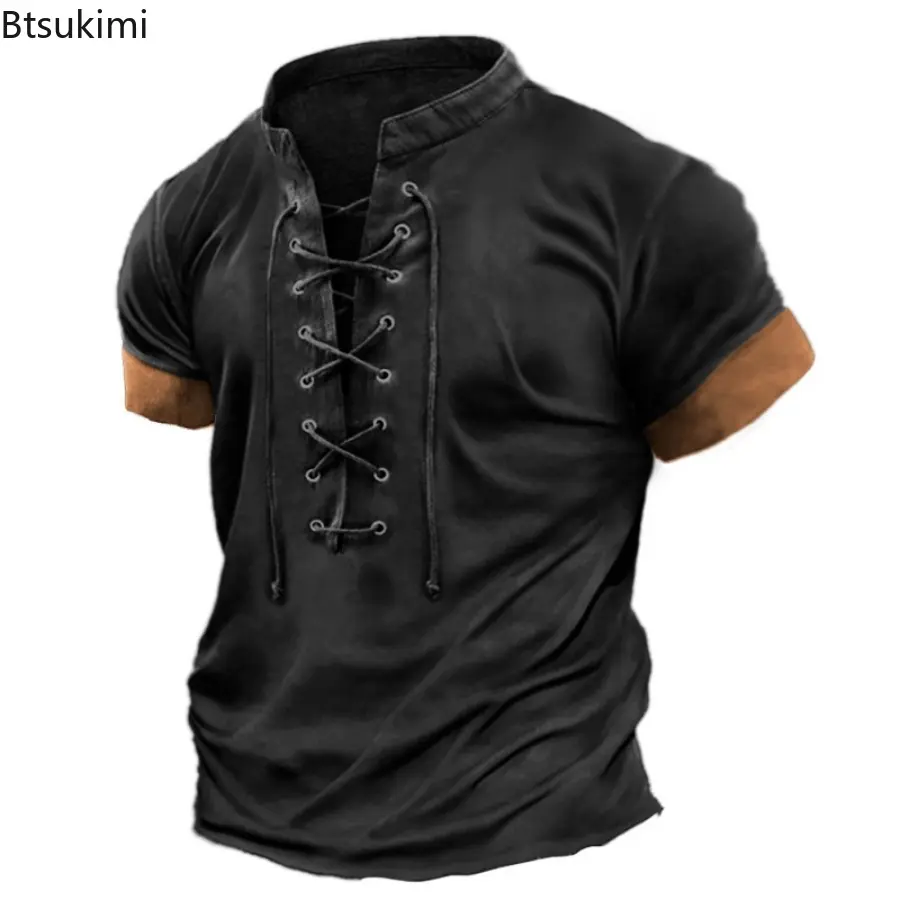 Summer Vintage Splice Short Sleeve T-shirts for Men Fashion Oversized Casual V Neck Front Lace-up Pullover Male Streetwear Tops