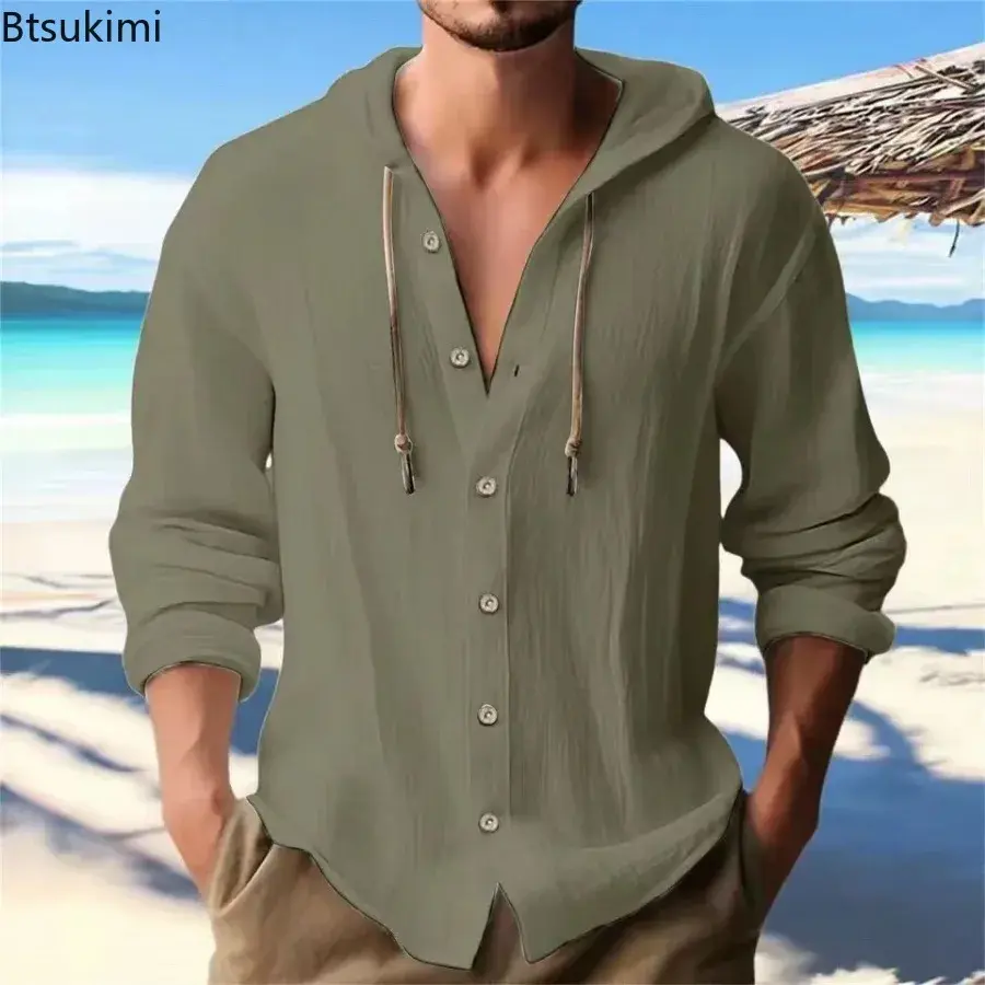 2025 Men Clothing Fashion Solid Cotton Linen Hooded Shirt for Men Loose Casual Button-down Hoodies T-shirt Male Sweatshirts Tops