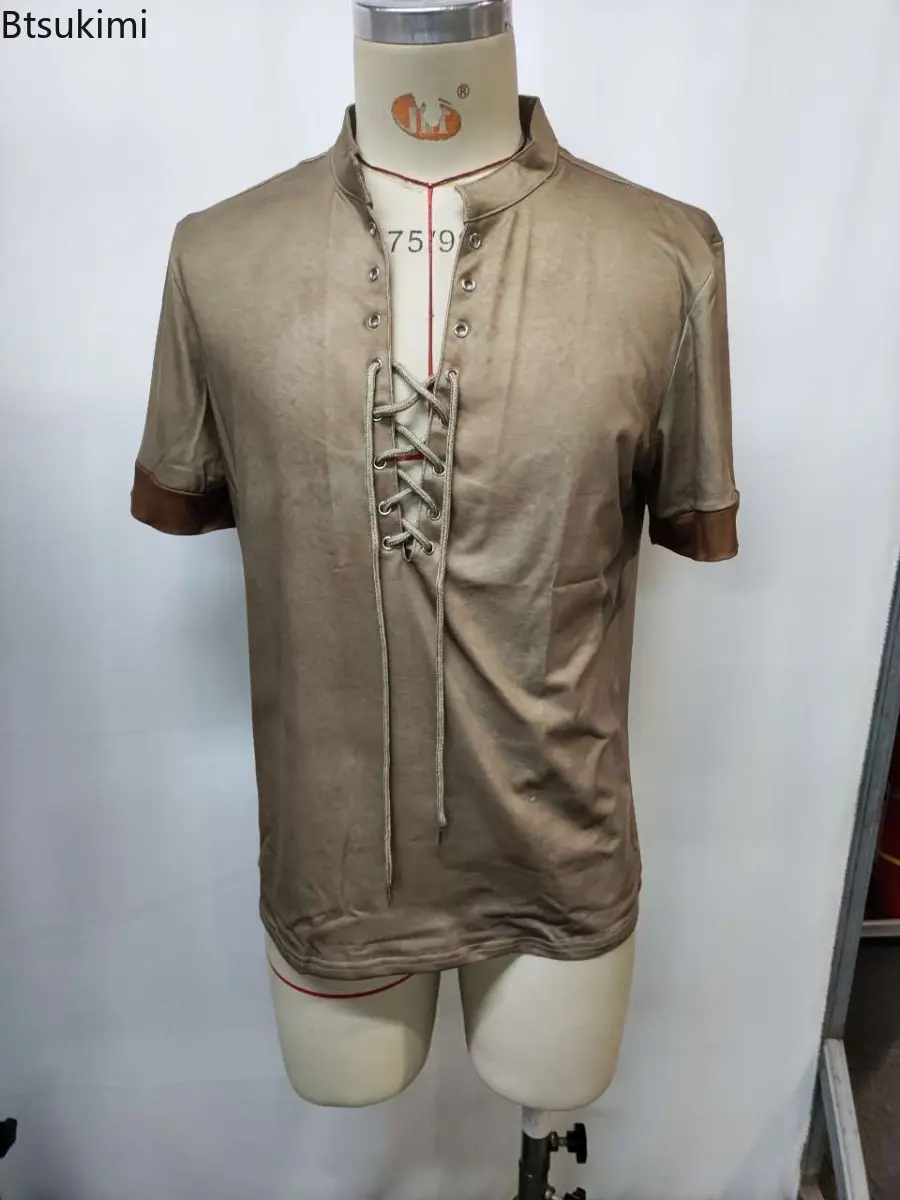Summer Vintage Splice Short Sleeve T-shirts for Men Fashion Oversized Casual V Neck Front Lace-up Pullover Male Streetwear Tops