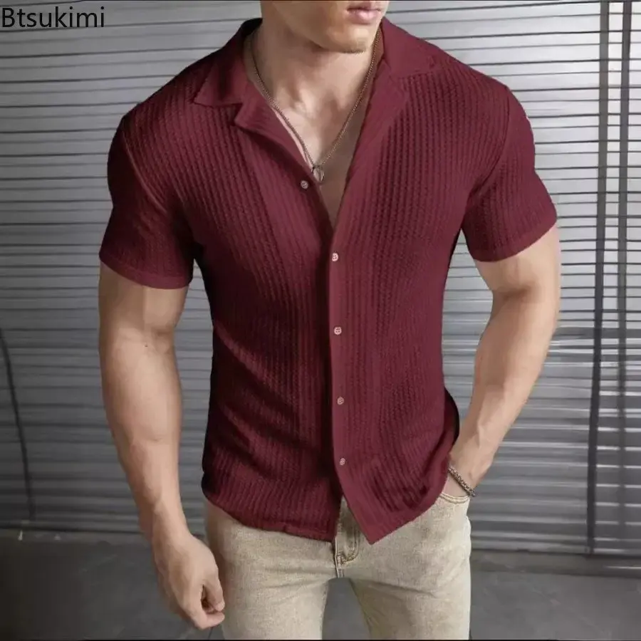 New Spring Summer Men's Short Sleeve Waffle T-shirts Fashion Solid Slim Single Breasted Lapel Cardigan Tops Casual Shirts Male