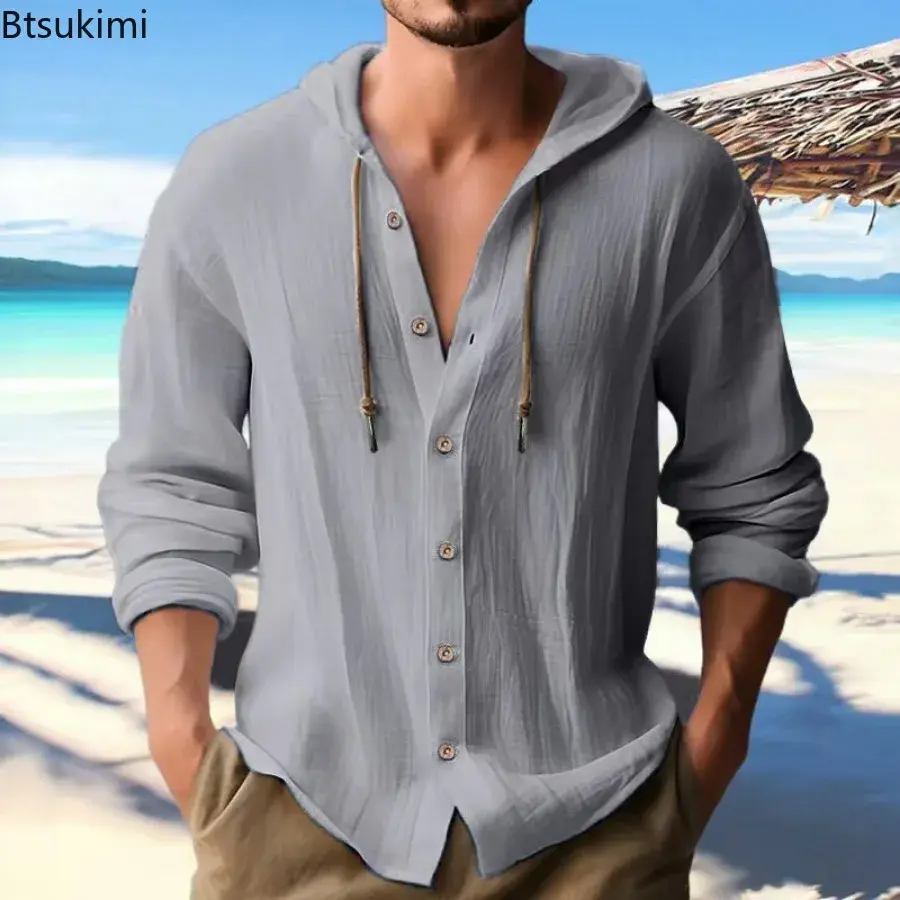 2025 Men Clothing Fashion Solid Cotton Linen Hooded Shirt for Men Loose Casual Button-down Hoodies T-shirt Male Sweatshirts Tops