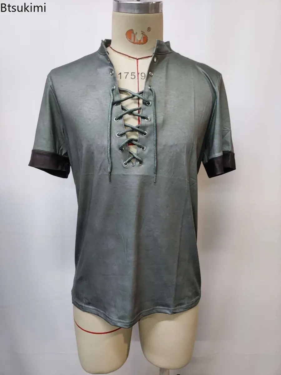 Summer Vintage Splice Short Sleeve T-shirts for Men Fashion Oversized Casual V Neck Front Lace-up Pullover Male Streetwear Tops