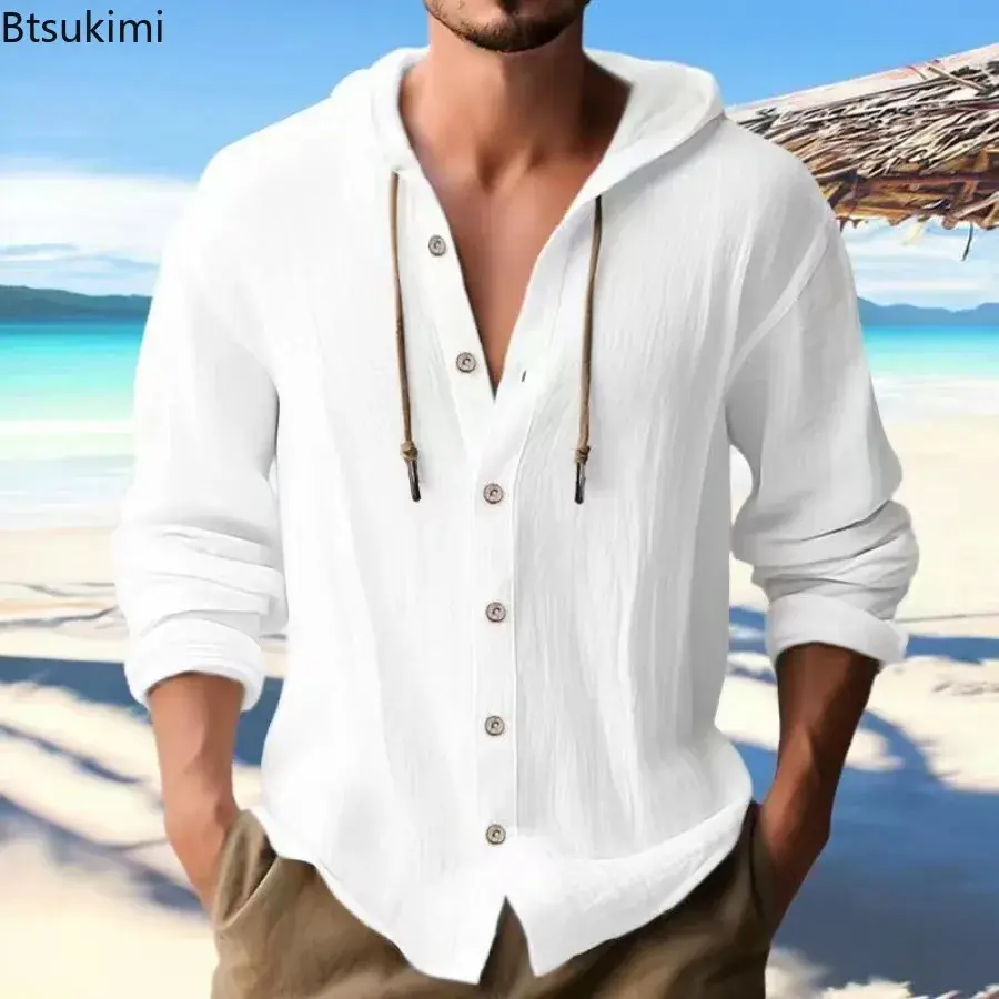 2025 Men Clothing Fashion Solid Cotton Linen Hooded Shirt for Men Loose Casual Button-down Hoodies T-shirt Male Sweatshirts Tops