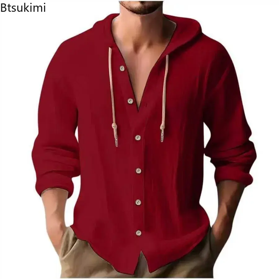 2025 Men Clothing Fashion Solid Cotton Linen Hooded Shirt for Men Loose Casual Button-down Hoodies T-shirt Male Sweatshirts Tops