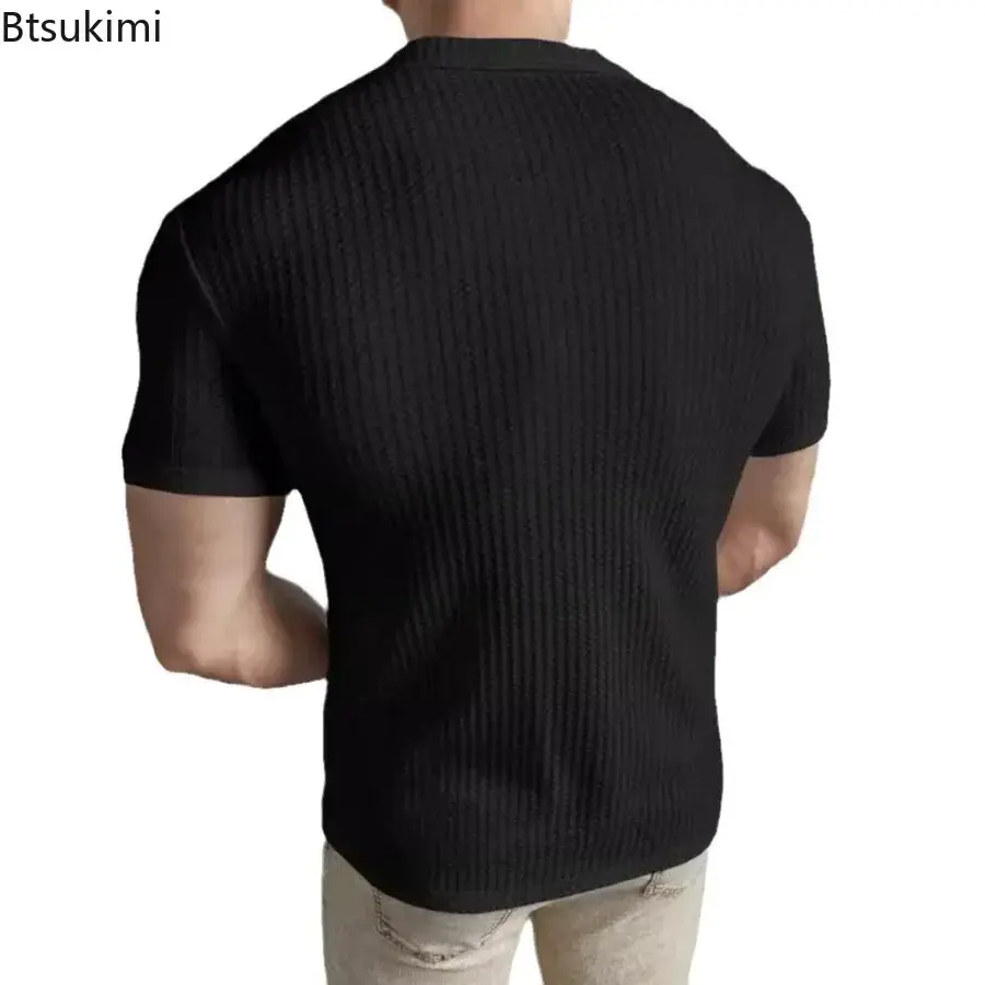 New Spring Summer Men's Short Sleeve Waffle T-shirts Fashion Solid Slim Single Breasted Lapel Cardigan Tops Casual Shirts Male