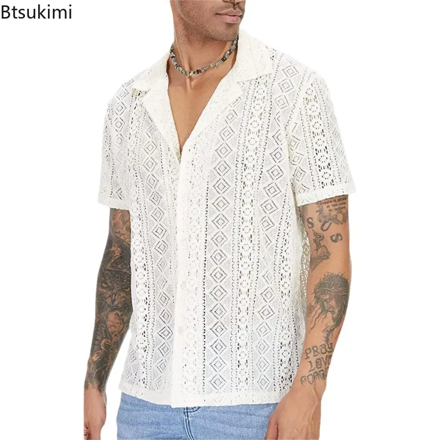 Sexy Hollow Out Men Shirts Fashion Lace Mesh Transparent Lapel Cardigan Tops Solid Loose Short-sleeved Shirt for Male Streetwear