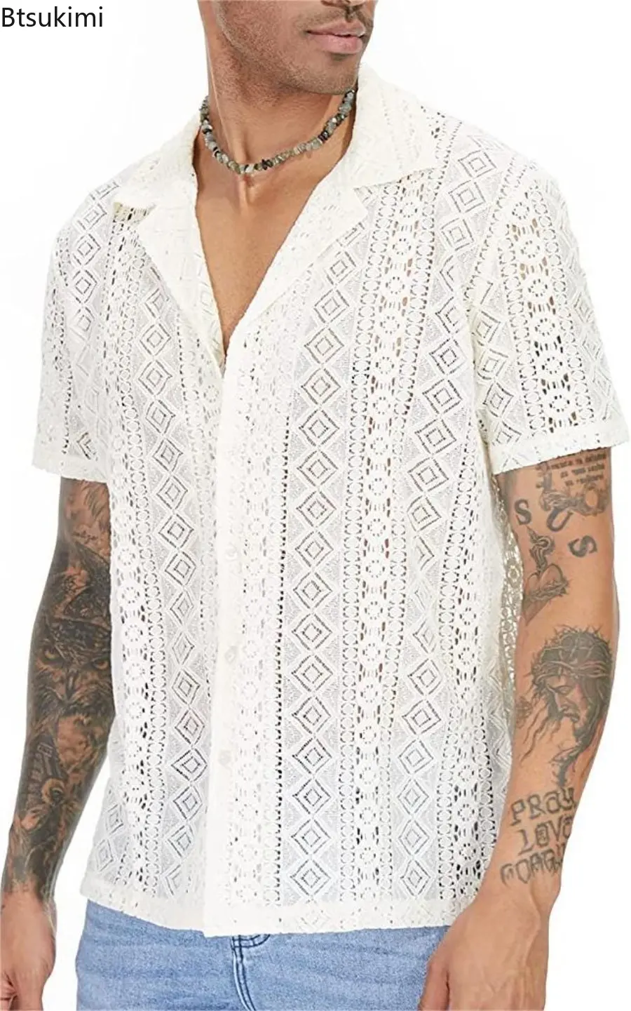 Sexy Hollow Out Men Shirts Fashion Lace Mesh Transparent Lapel Cardigan Tops Solid Loose Short-sleeved Shirt for Male Streetwear