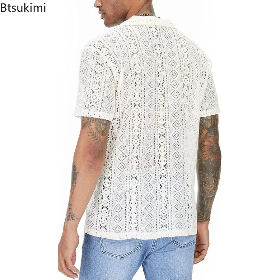 Sexy Hollow Out Men Shirts Fashion Lace Mesh Transparent Lapel Cardigan Tops Solid Loose Short-sleeved Shirt for Male Streetwear