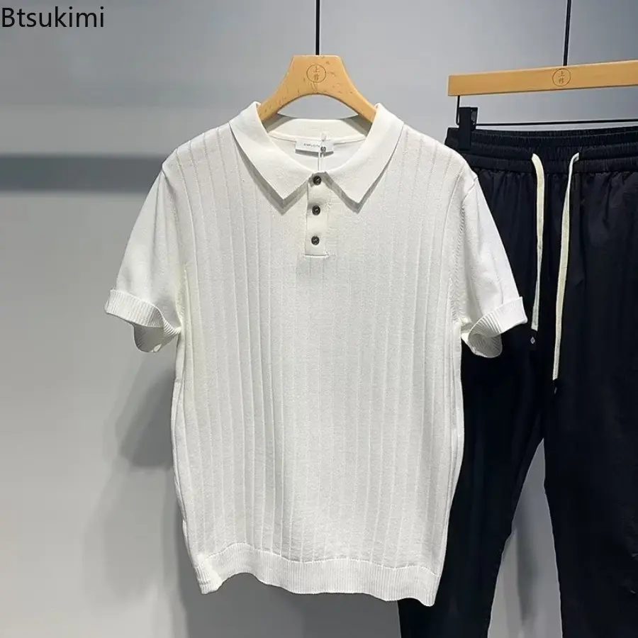 Men's Summer Clothing Short-sleeved Knitted Polo Shirts Men Solid Vintage Casual Lapel Tops Japanese Style Simple Slim T-shirts