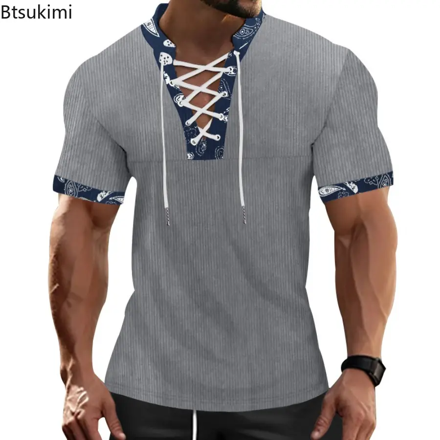 Summer New Men's Patchwork Short Sleeve T-shirts Fashion Lace-up Drawstring V-neck Casual Pullovers Tops Men Corduroy Sport Tees