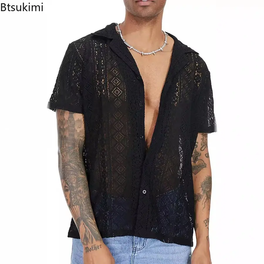 Sexy Hollow Out Men Shirts Fashion Lace Mesh Transparent Lapel Cardigan Tops Solid Loose Short-sleeved Shirt for Male Streetwear