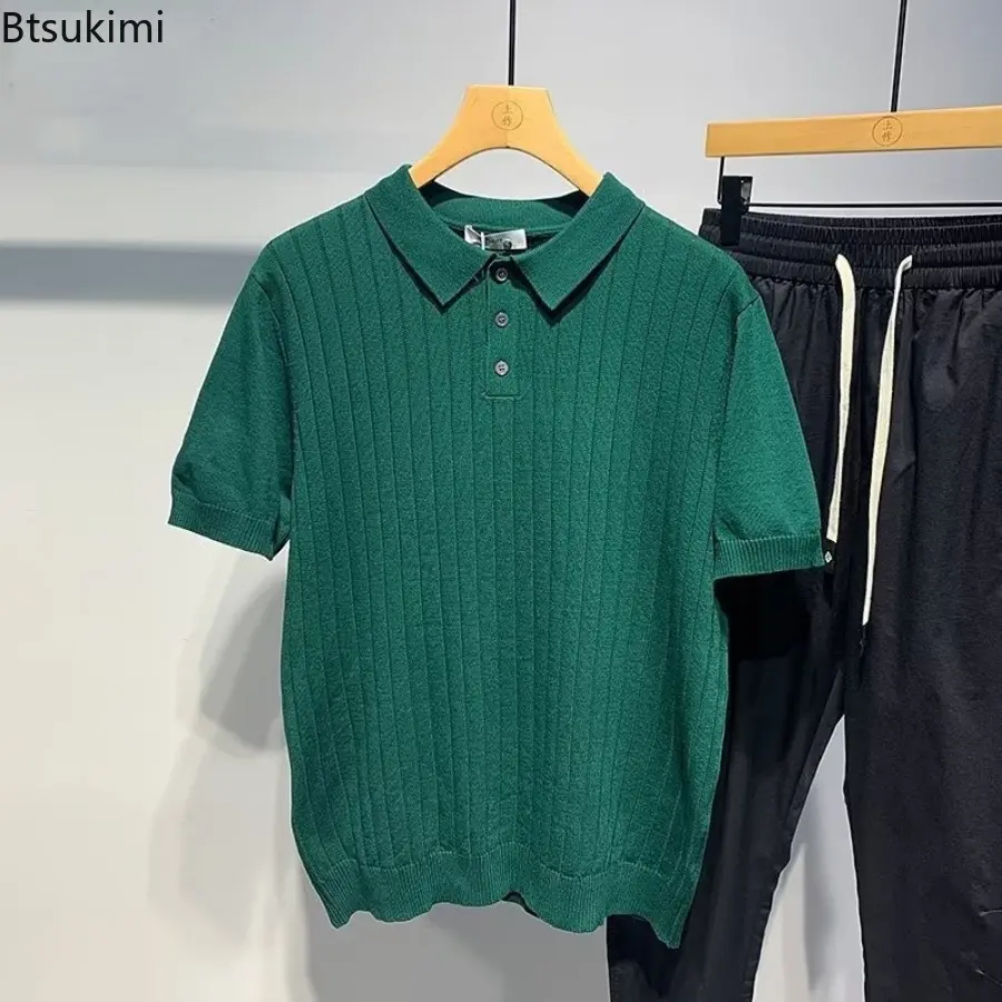 Men's Summer Clothing Short-sleeved Knitted Polo Shirts Men Solid Vintage Casual Lapel Tops Japanese Style Simple Slim T-shirts