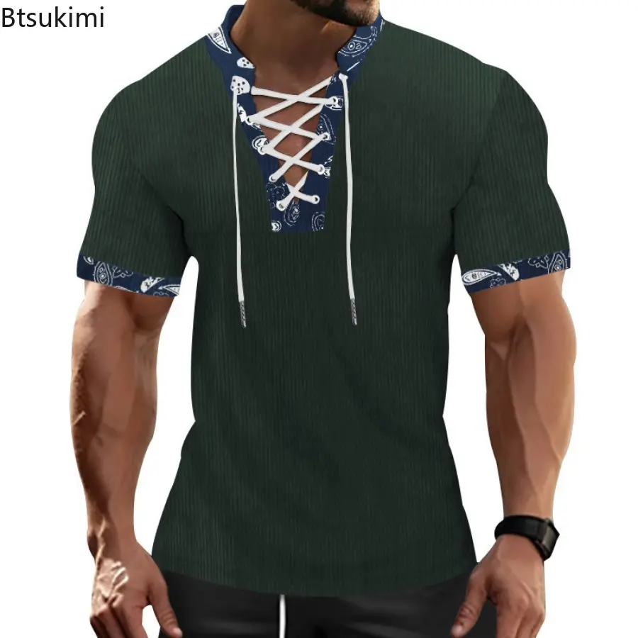 Summer New Men's Patchwork Short Sleeve T-shirts Fashion Lace-up Drawstring V-neck Casual Pullovers Tops Men Corduroy Sport Tees
