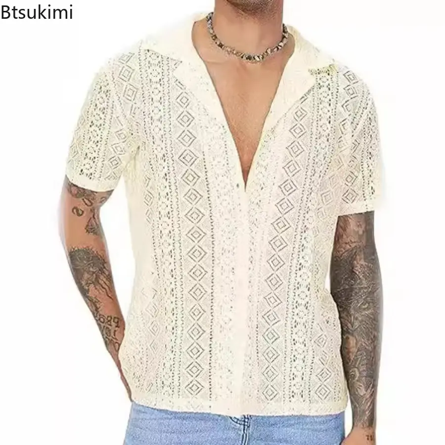 Sexy Hollow Out Men Shirts Fashion Lace Mesh Transparent Lapel Cardigan Tops Solid Loose Short-sleeved Shirt for Male Streetwear